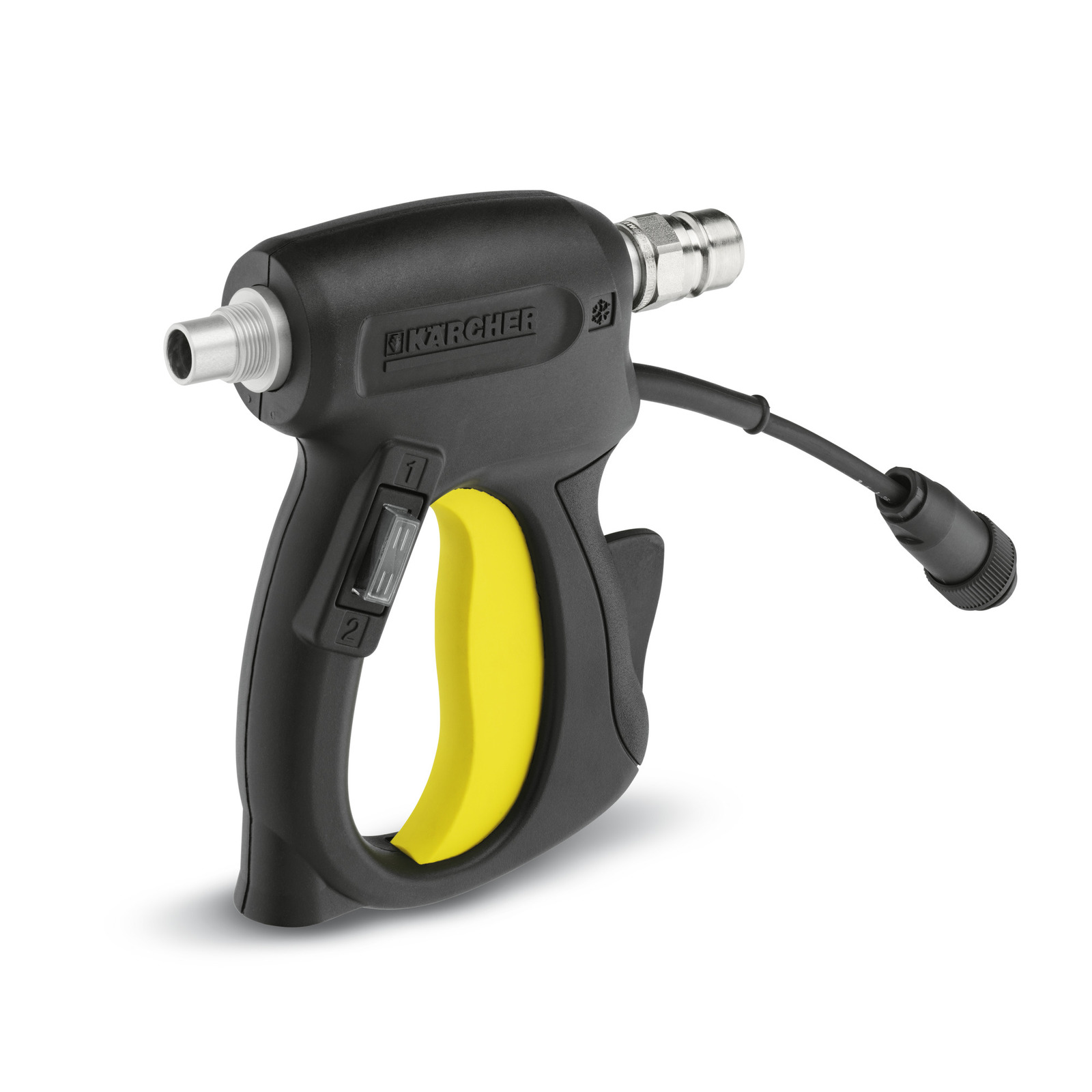 Kärcher high-pressure cleaner gun with black and yellow handle, featuring a hose attachment and two settings switch.