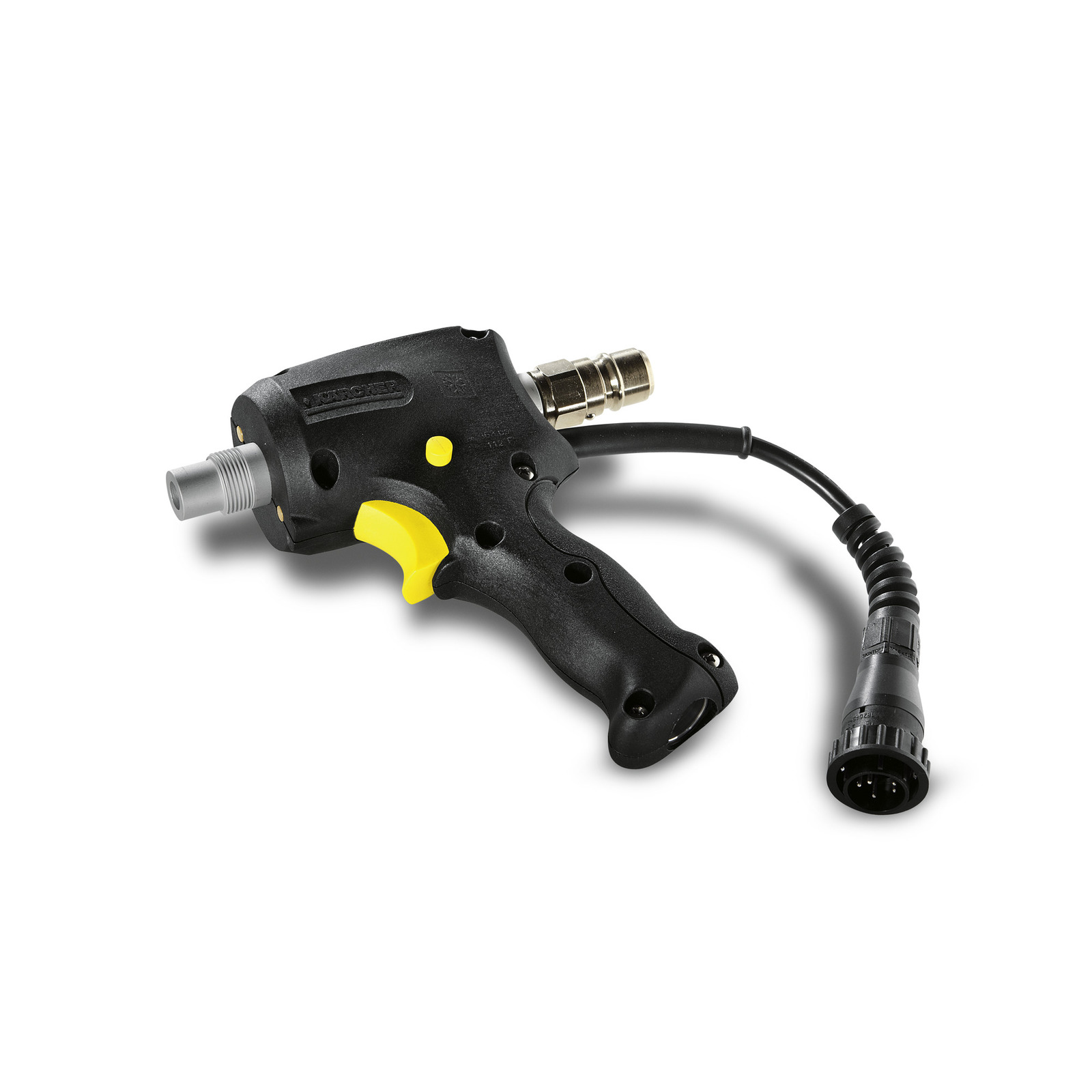 Kärcher high-pressure cleaner trigger gun with black body, yellow accents, and attached cable. Kärcher high-pressure cleaner trigger gun with black body, yellow accents, and attached cable.