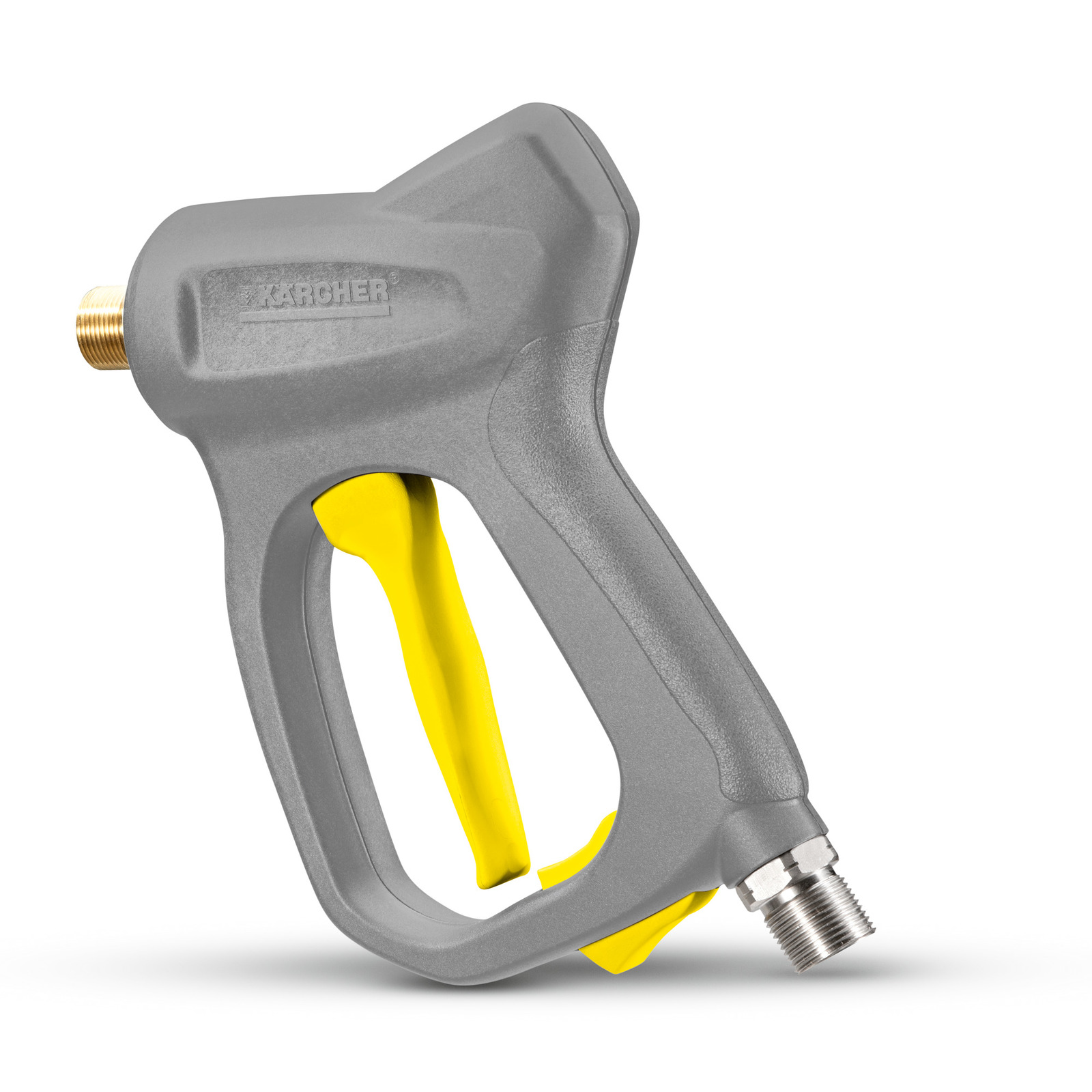 Grey Kärcher high-pressure cleaner trigger gun with yellow handle and brass connector.
