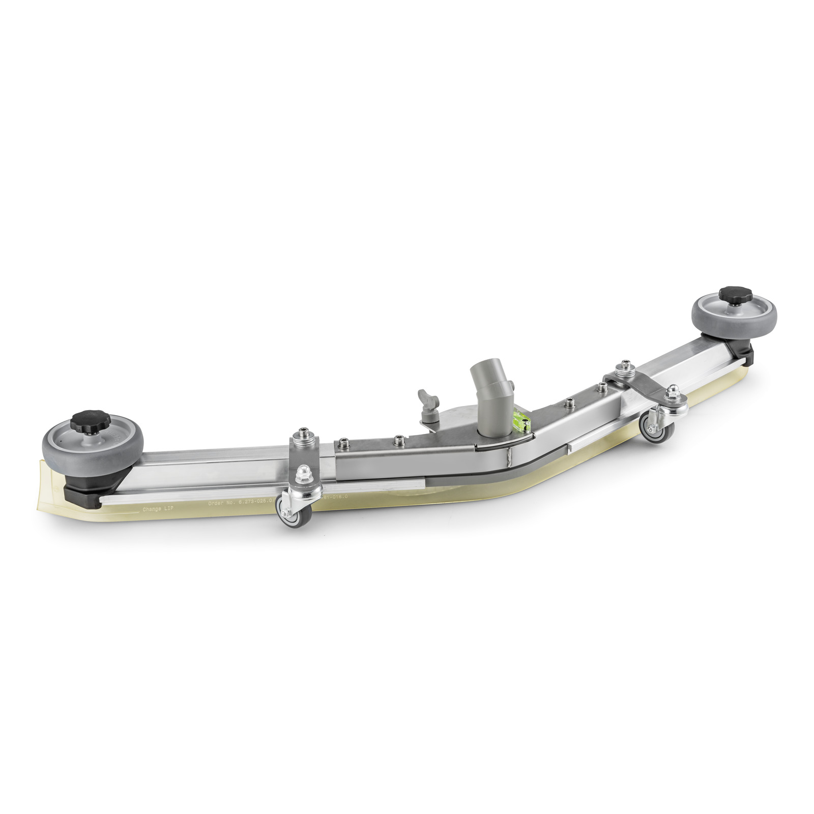 Kärcher floor cleaning attachment with wheels and suction hose connector, featuring a curved metal frame and rubber edge. Kärcher floor cleaning attachment with wheels and suction hose connector, featuring a curved metal frame and rubber edge.