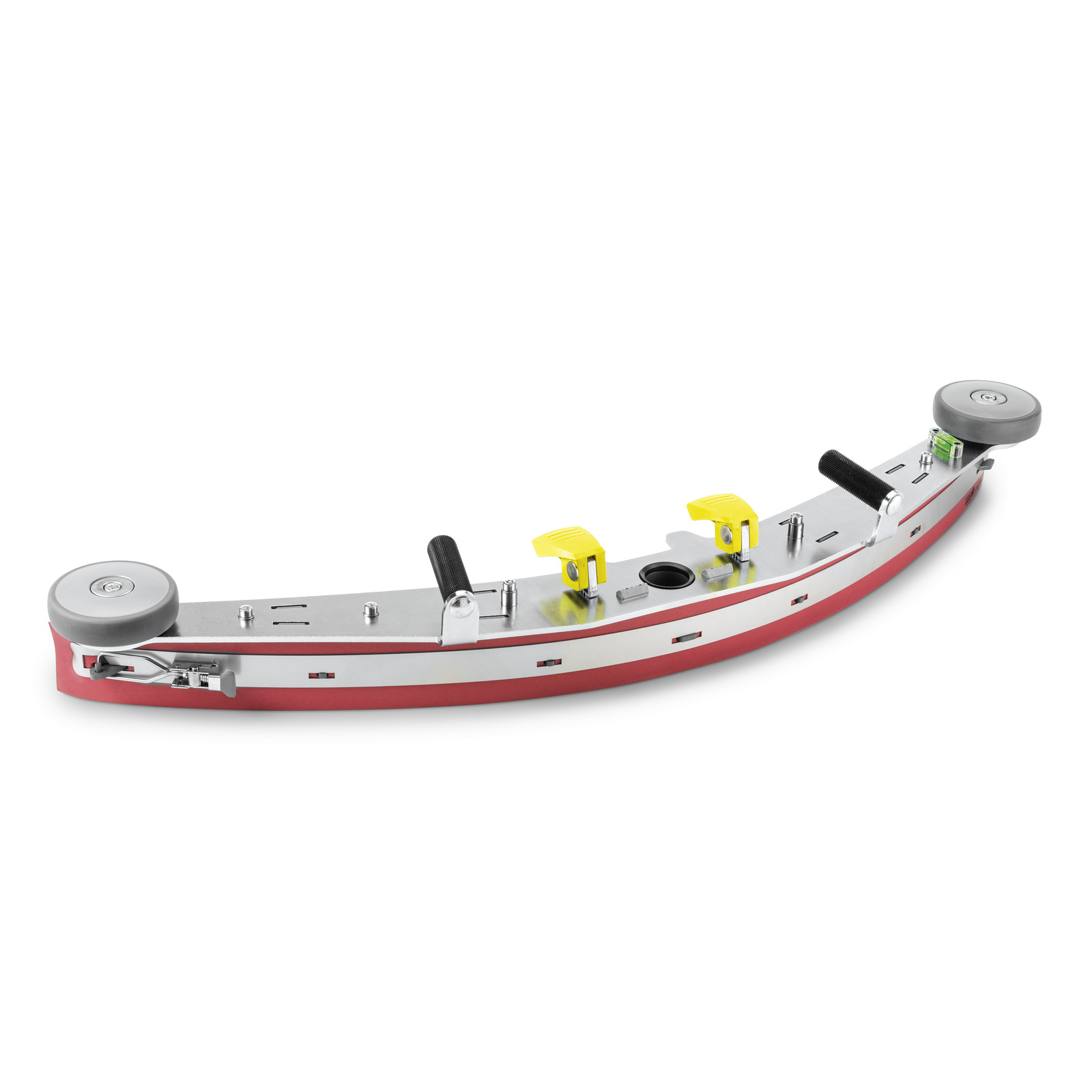 Curved metal tool with red base, two grey wheels, black handles, and yellow levers on a white background.