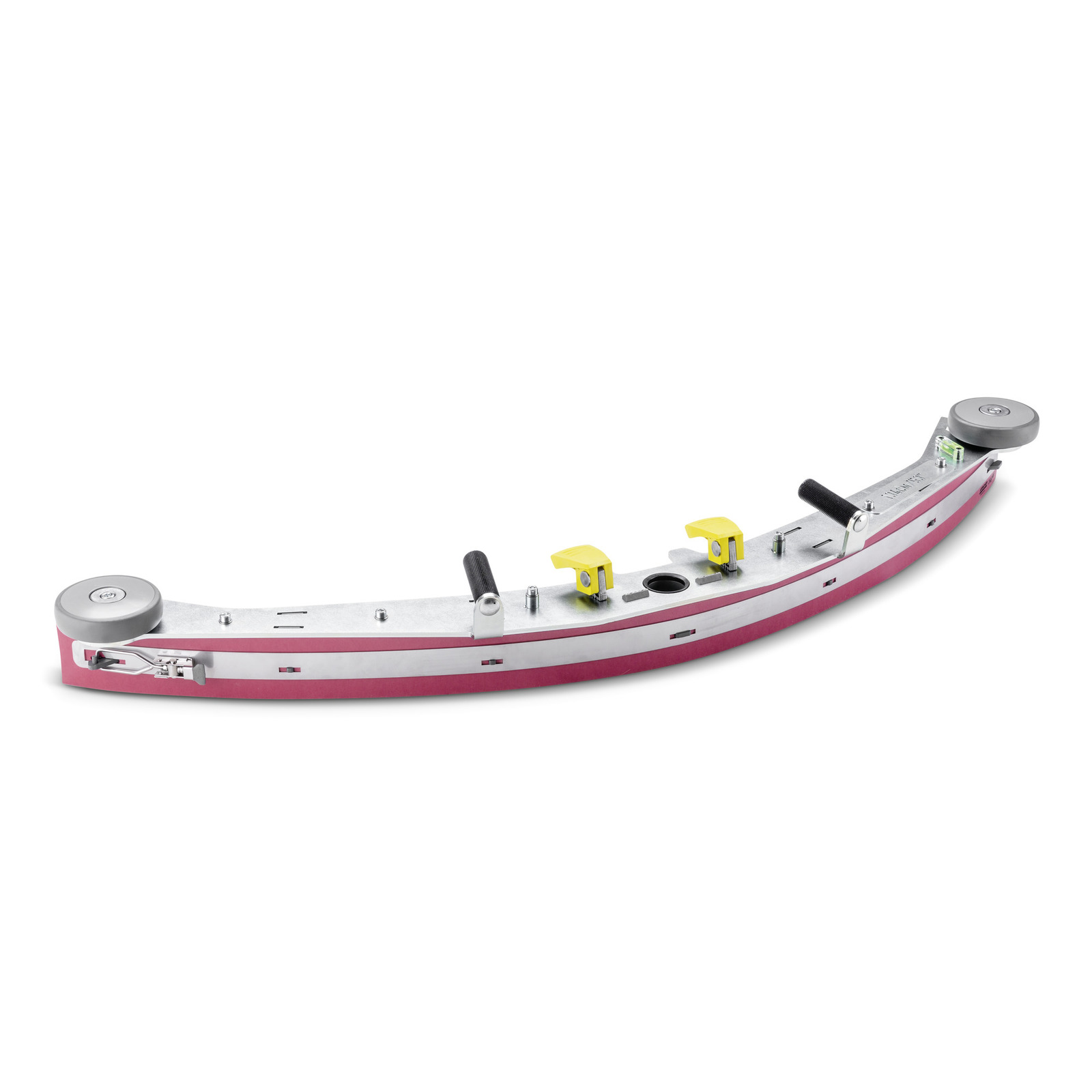 Curved metal tool with pink base, two yellow clamps, and black handles on each end, placed on a white background.