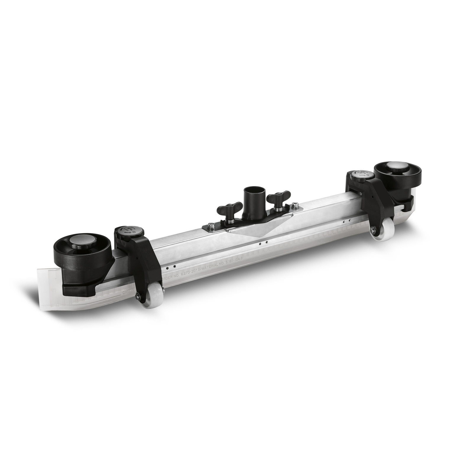 Kärcher floor squeegee attachment with wheels and adjustable knobs on a metal frame. Kärcher floor squeegee attachment with wheels and adjustable knobs on a metal frame.