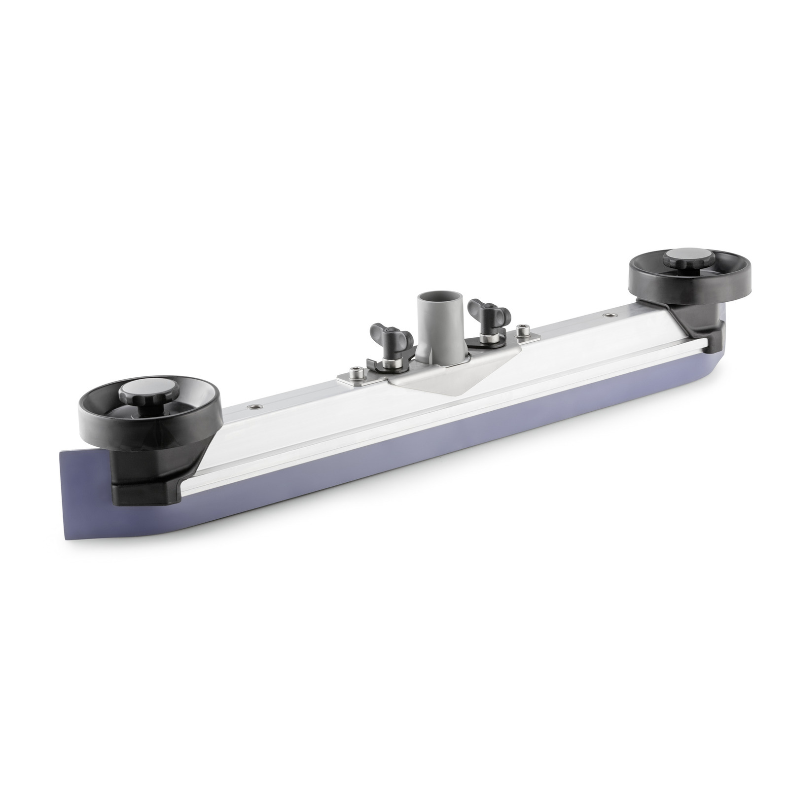 Kärcher floor squeegee attachment with two black wheels and a central grey connector on a white background. Kärcher floor squeegee attachment with two black wheels and a central grey connector on a white background.