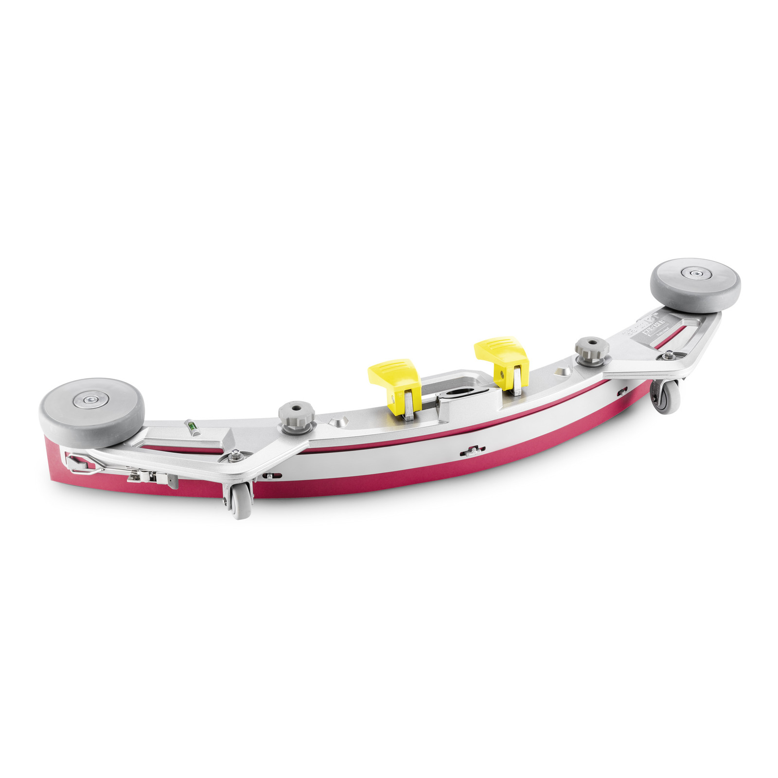 Curved red and silver tool with two grey wheels and yellow handles on a white background. Curved red and silver tool with two grey wheels and yellow handles on a white background.