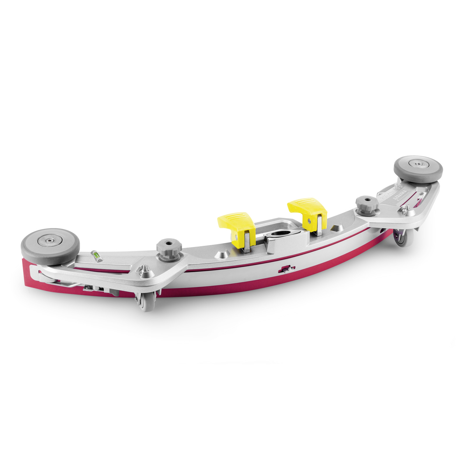 Curved metal tool with red base, two yellow handles, and wheels on each end, designed for precise alignment tasks. Curved metal tool with red base, two yellow handles, and wheels on each end, designed for precise alignment tasks.