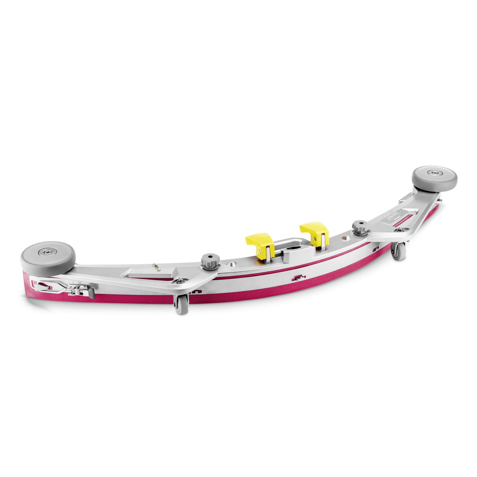 Curved silver and pink Kärcher floor squeegee with yellow handles and wheels, designed for cleaning surfaces.