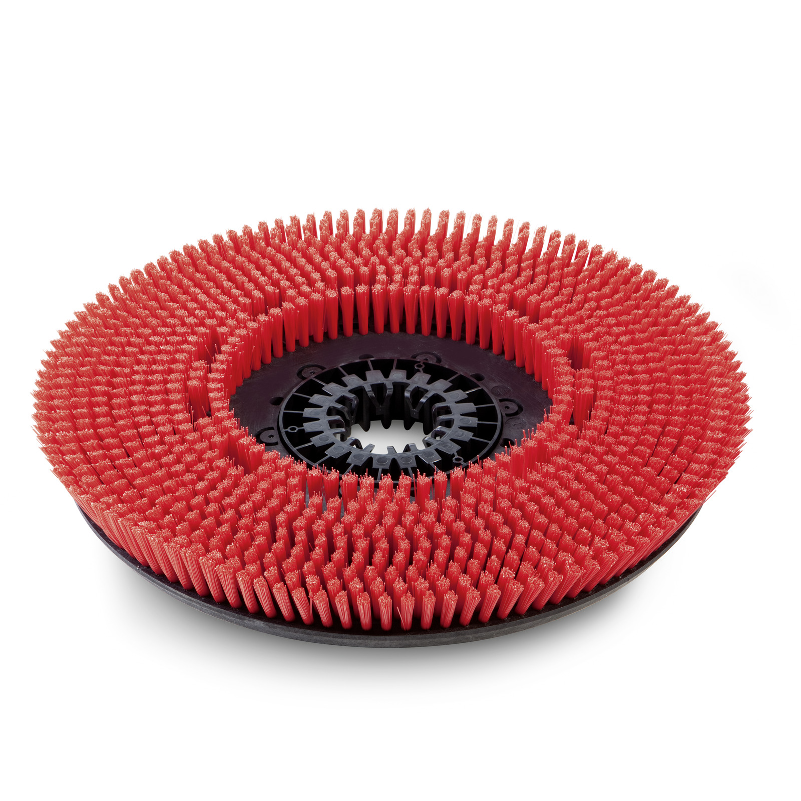 Red circular brush attachment with dense red bristles and a black central hub, designed for cleaning equipment. Red circular brush attachment with dense red bristles and a black central hub, designed for cleaning equipment.