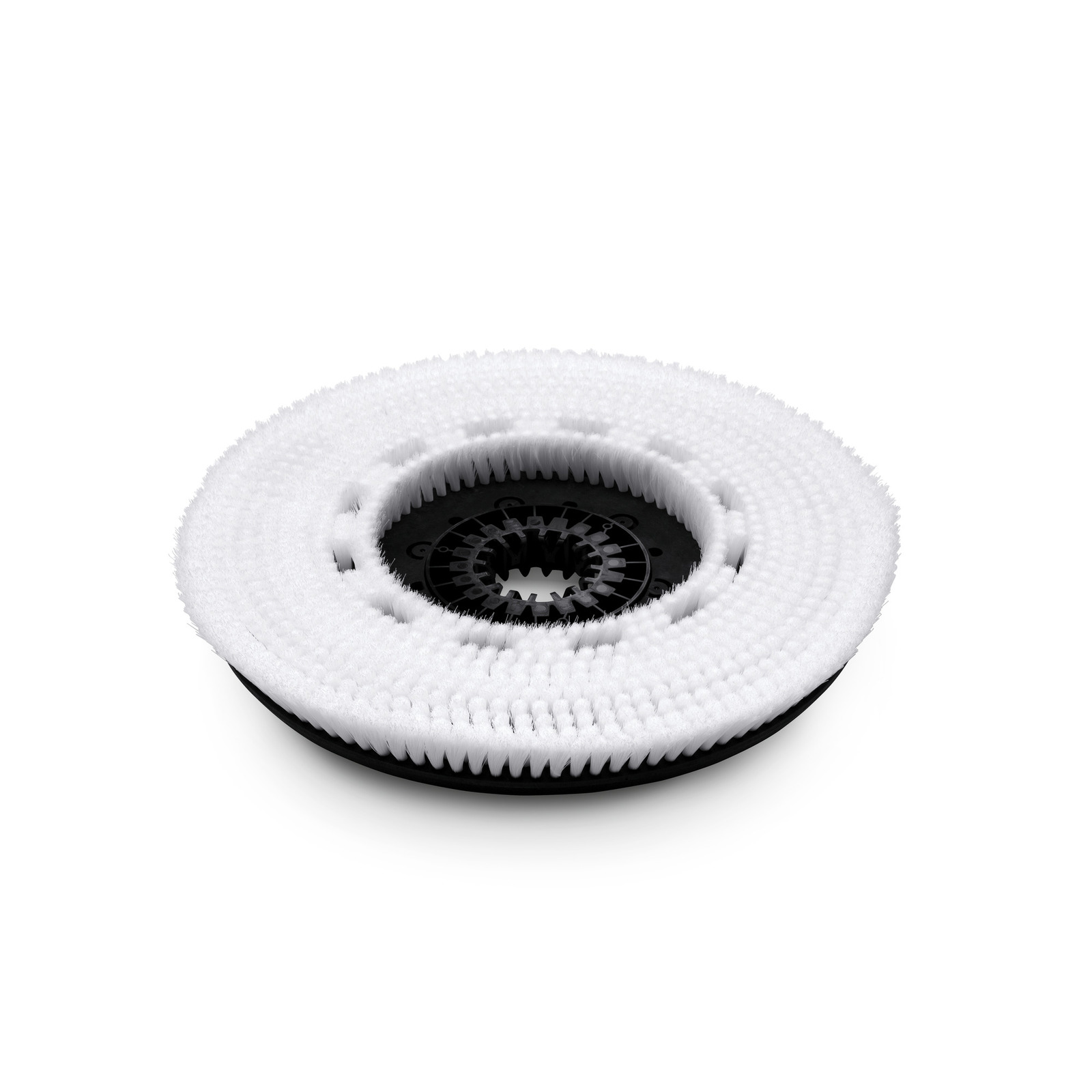 White circular brush attachment with dense bristles and a black centre, suitable for cleaning equipment. White circular brush attachment with dense bristles and a black centre, suitable for cleaning equipment.