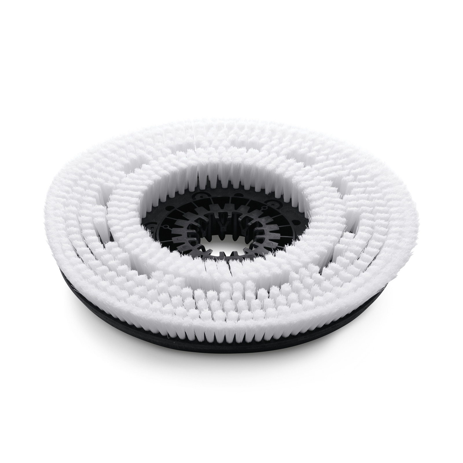Circular white brush attachment with dense bristles and a black central hub, designed for cleaning equipment.