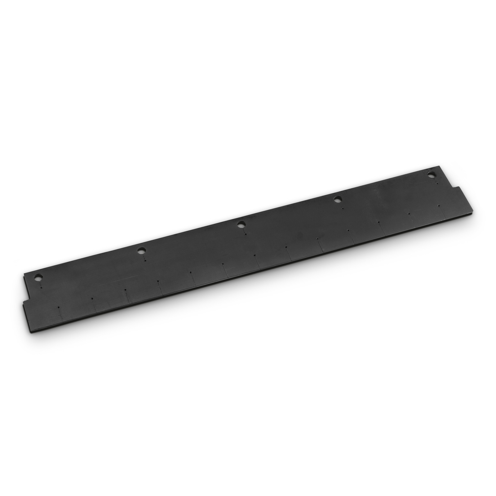 Black rectangular rubber strip with evenly spaced holes, lying flat on a white background. Black rectangular rubber strip with evenly spaced holes, lying flat on a white background.