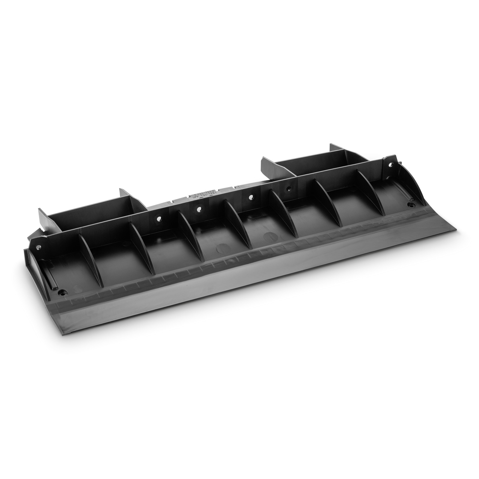Black Kärcher squeegee attachment with multiple grooves, angled view on a white background. Black Kärcher squeegee attachment with multiple grooves, angled view on a white background.