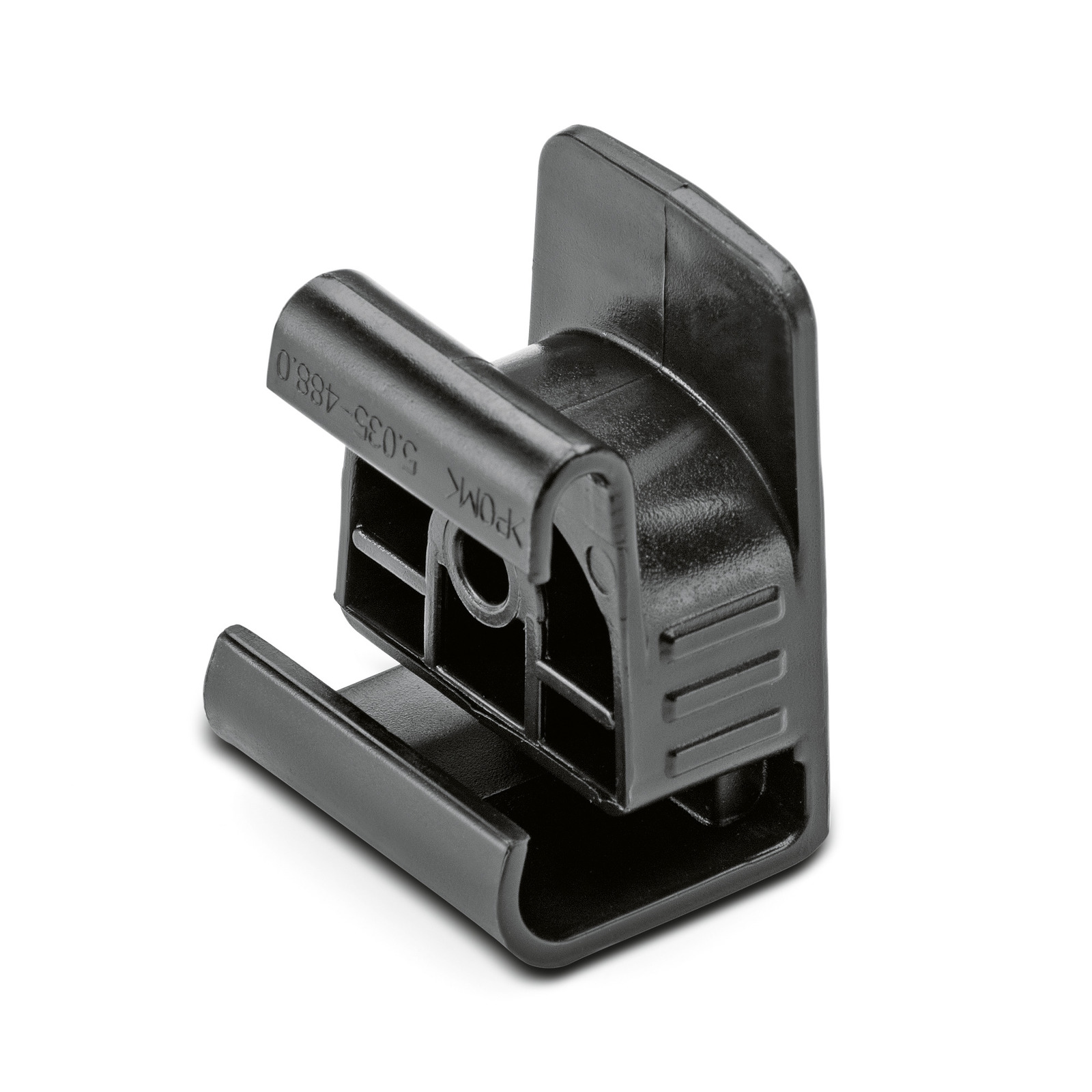Black plastic clip with grooved sides and a circular hole in the centre, positioned on a white background.