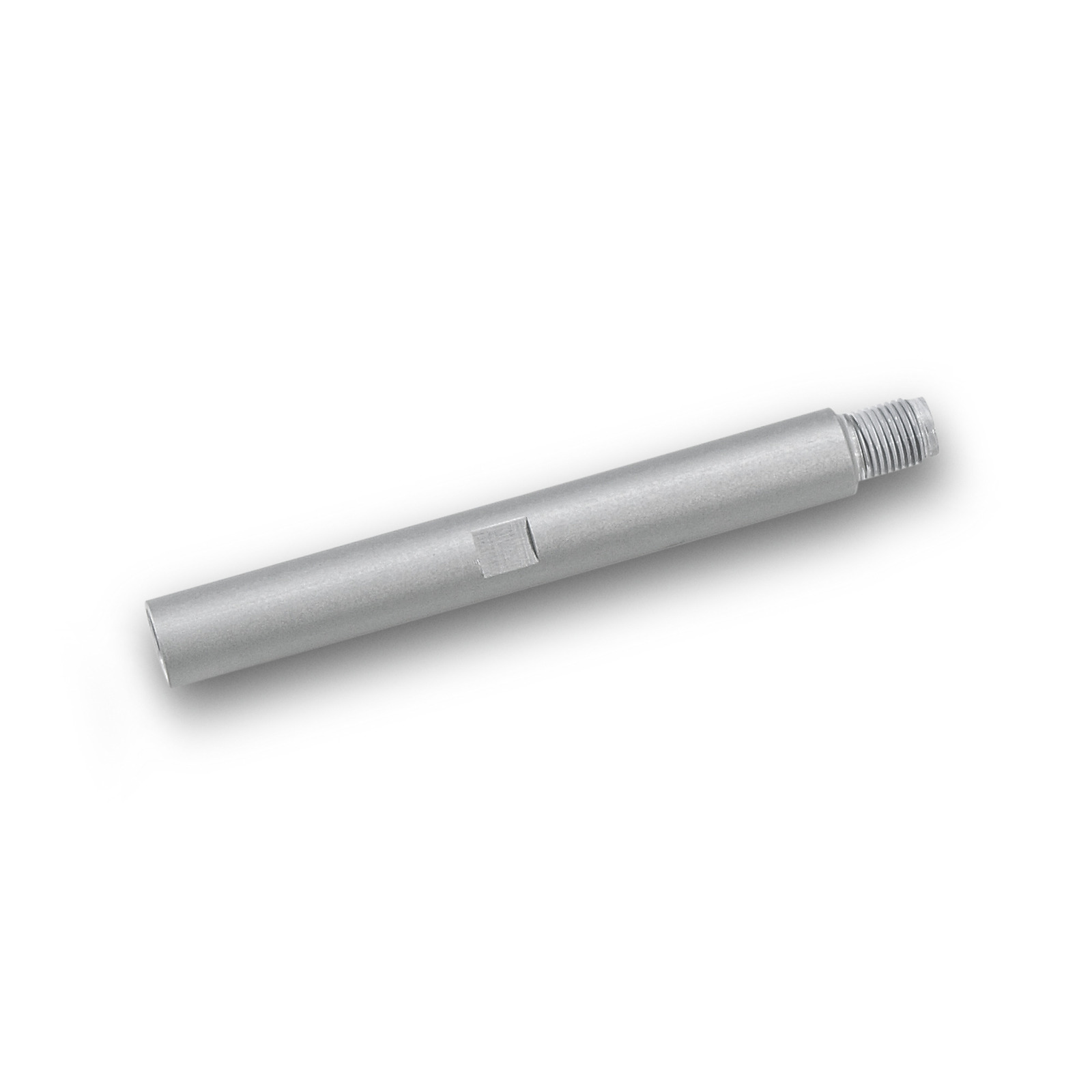 Silver cylindrical metal rod with threaded end and square notch, isolated on a white background.