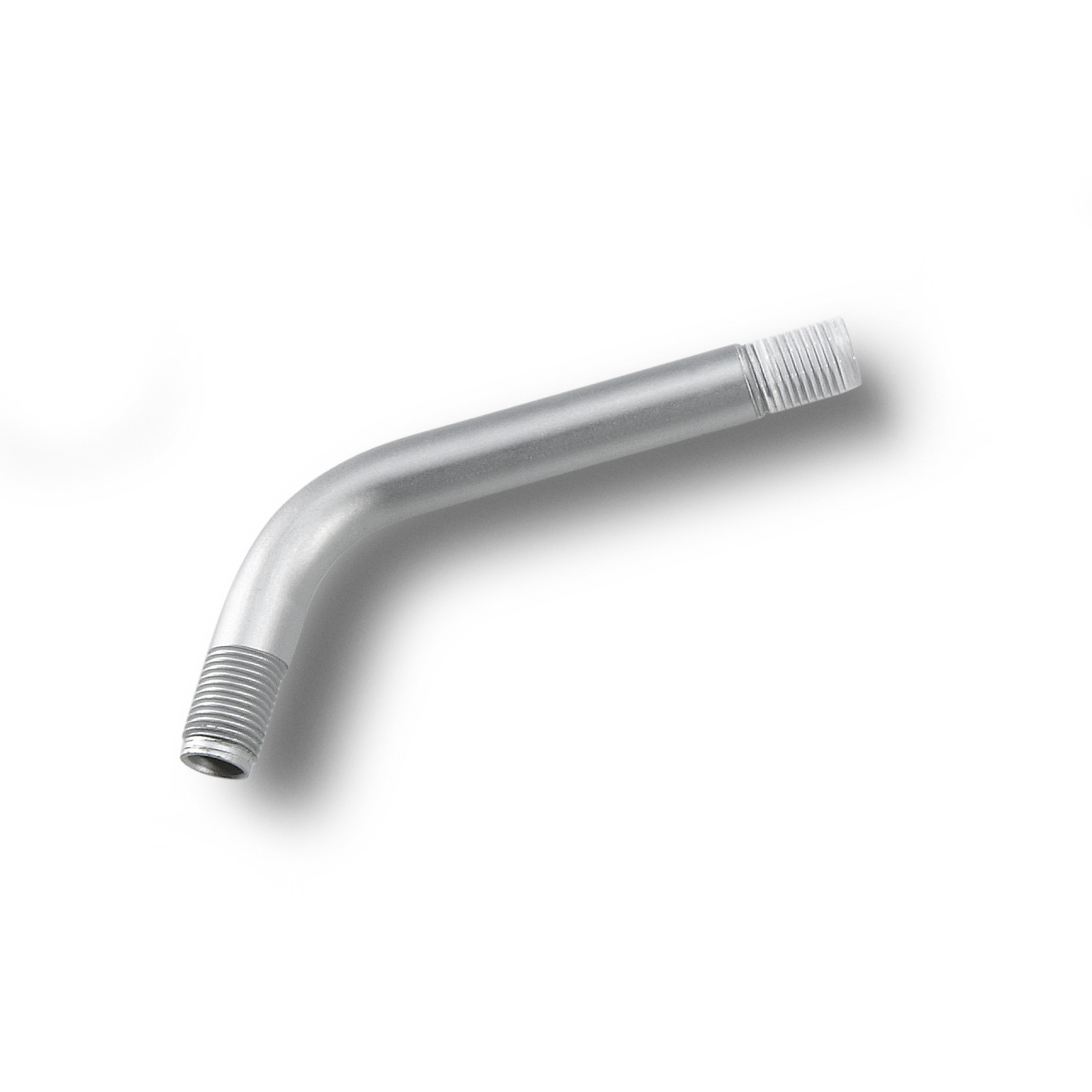 Silver metal pipe with a threaded end, slightly bent at an angle, isolated on a white background. Silver metal pipe with a threaded end, slightly bent at an angle, isolated on a white background.