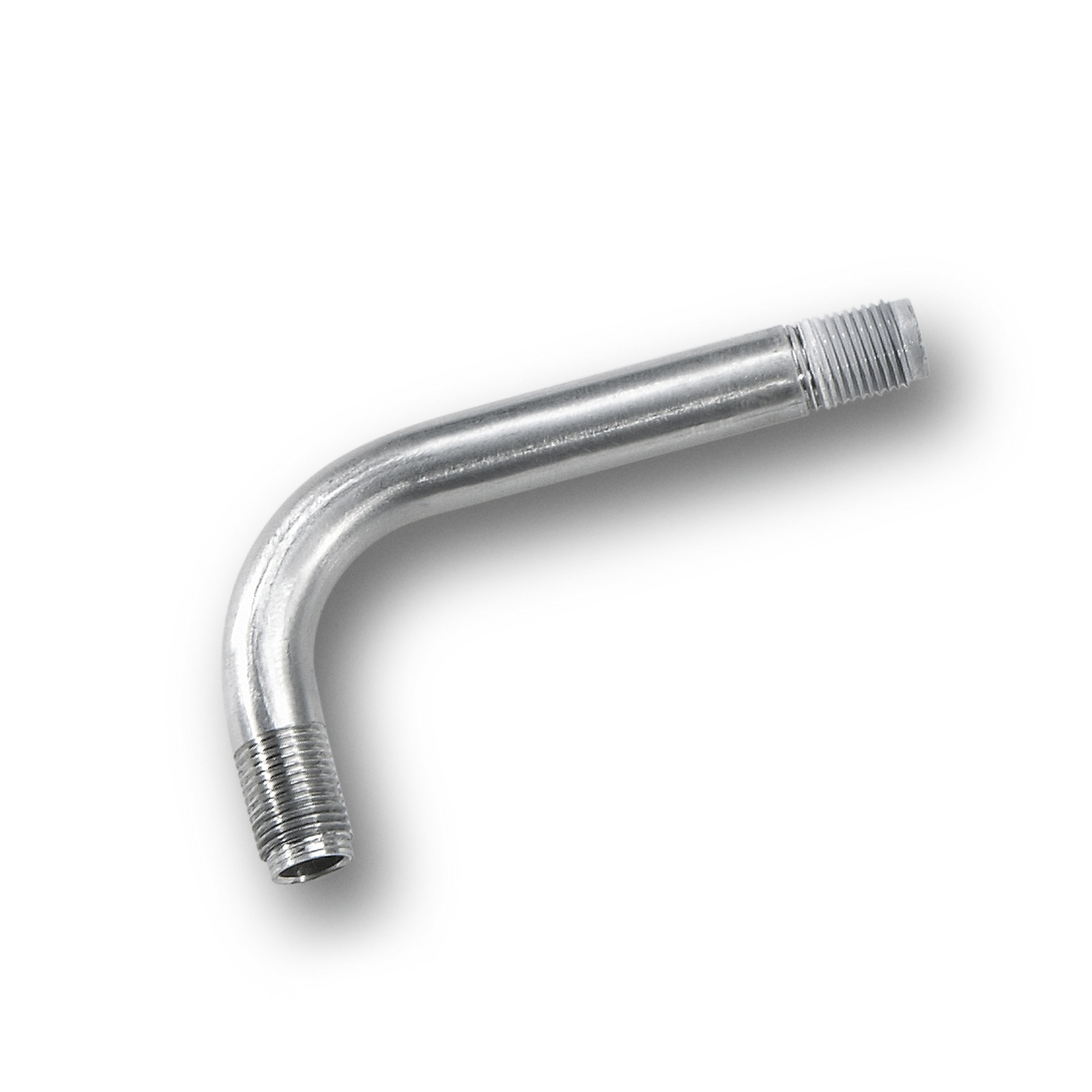 Silver metal pipe with a 90-degree bend and threaded ends, isolated on a white background. Silver metal pipe with a 90-degree bend and threaded ends, isolated on a white background.