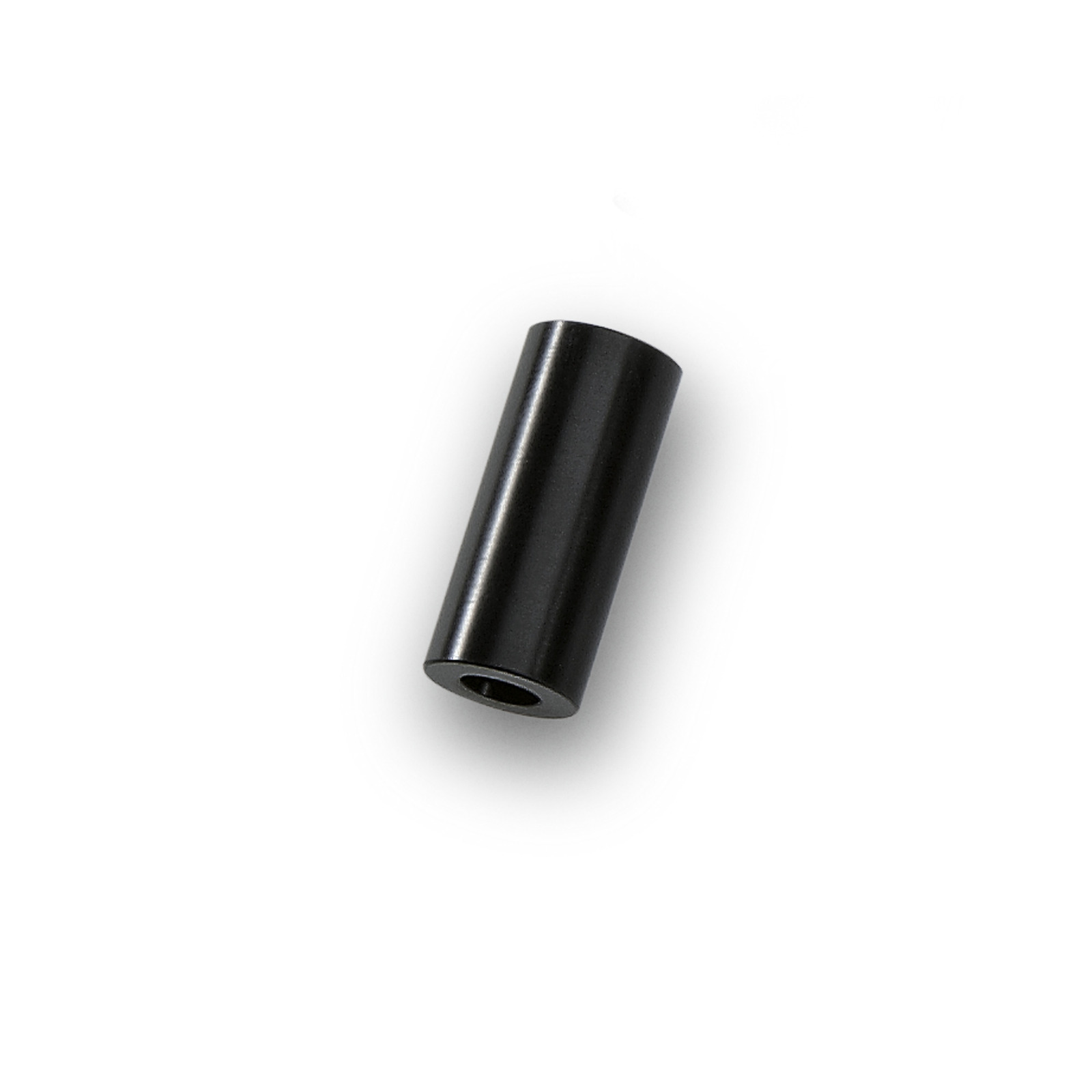 Black cylindrical spacer with a hollow centre, shown against a white background. Black cylindrical spacer with a hollow centre, shown against a white background.
