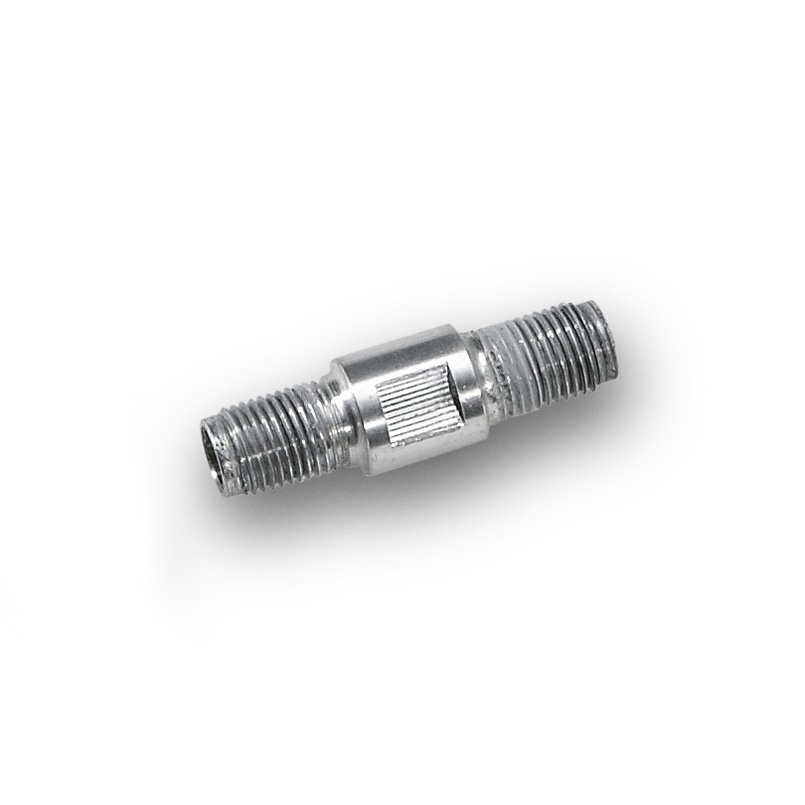 Metal connector with threaded ends and a central grooved section, isolated on a white background. Metal connector with threaded ends and a central grooved section, isolated on a white background.