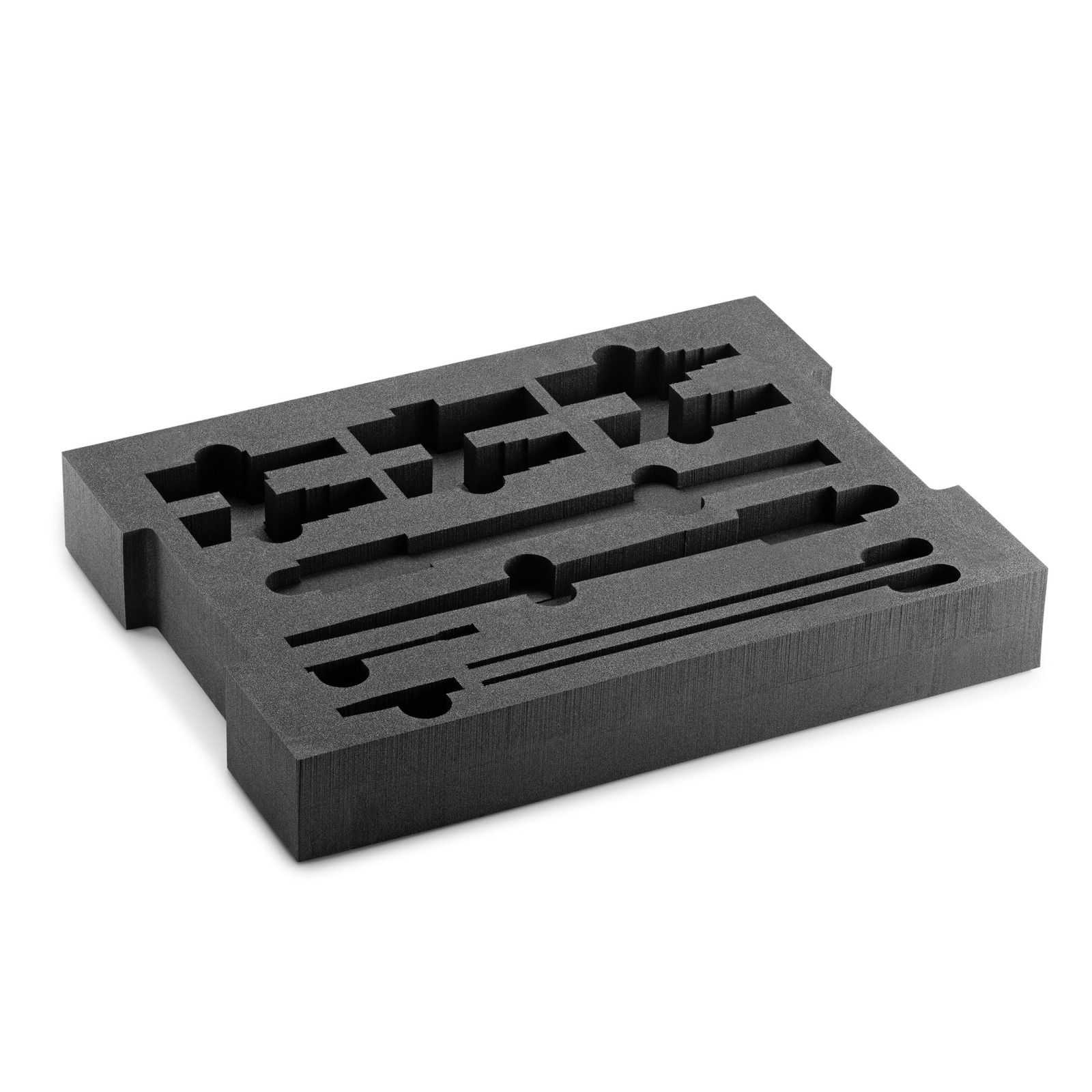 Black foam insert with various cutouts for tool organisation, placed on a white background. Black foam insert with various cutouts for tool organisation, placed on a white background.