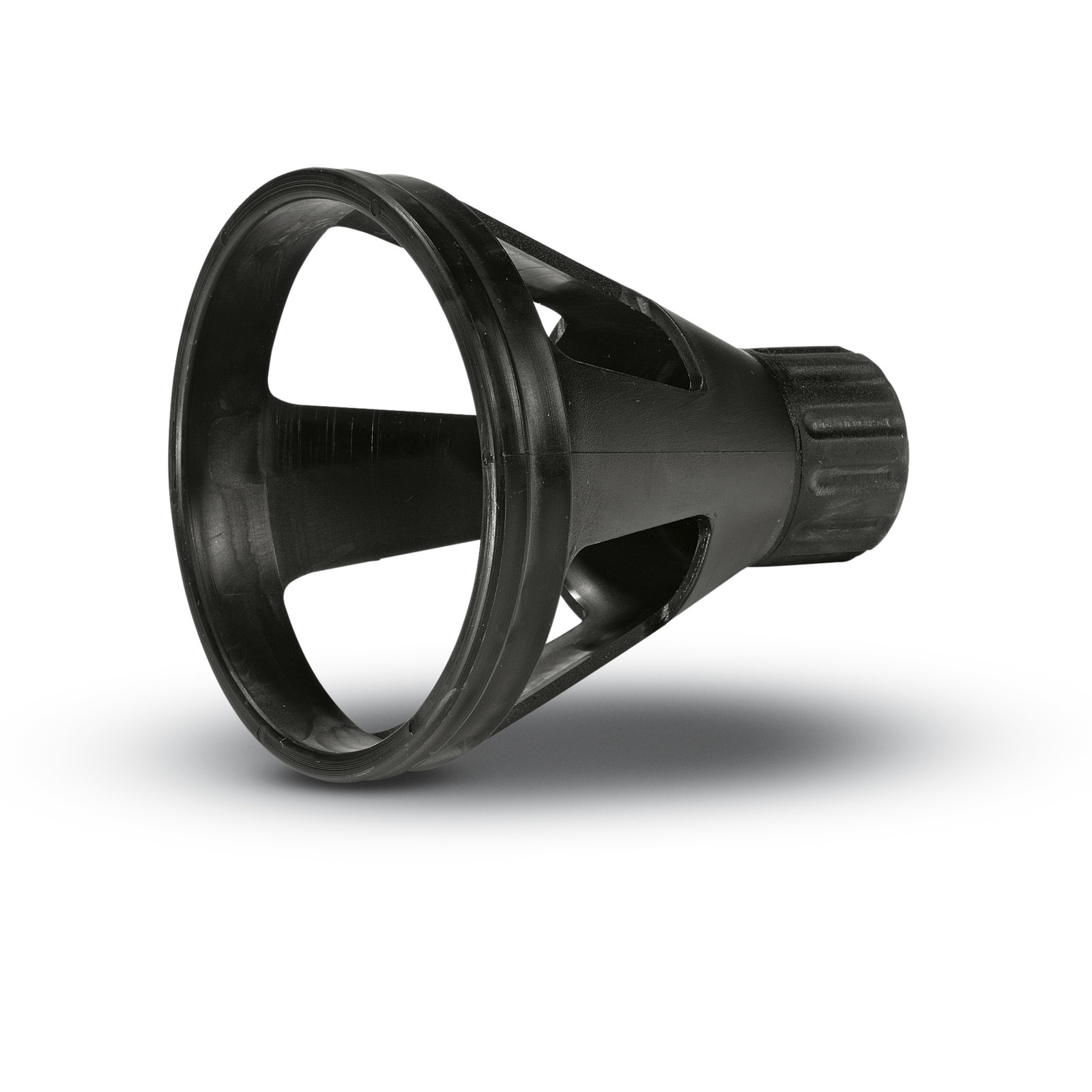 Black Kärcher nozzle accessory with a conical shape and ribbed connector, placed on a white background. Black Kärcher nozzle accessory with a conical shape and ribbed connector, placed on a white background.
