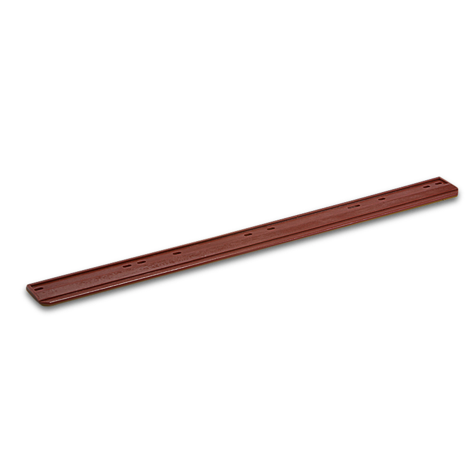 Brown plastic strip with evenly spaced holes, lying flat on a white background.
