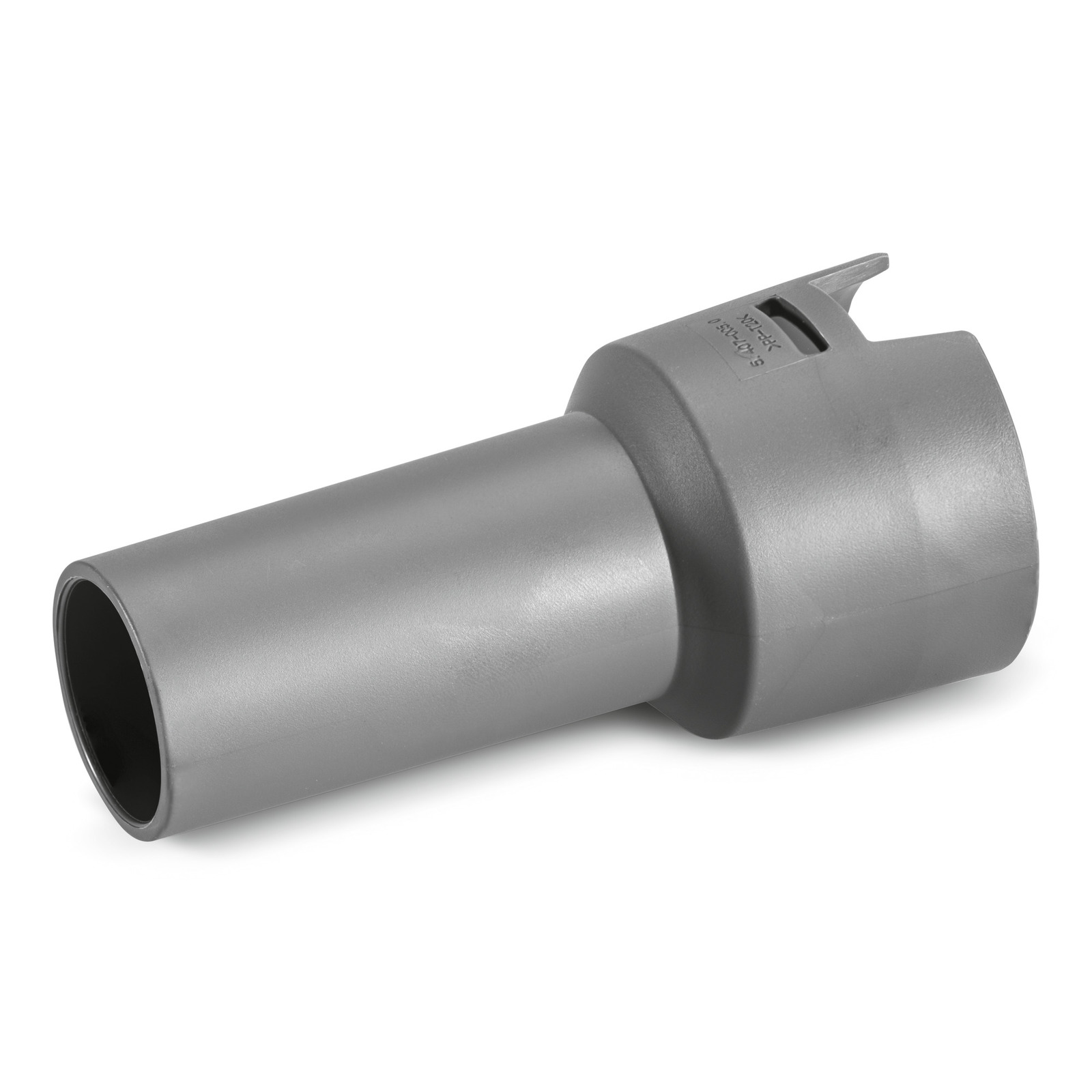 Grey Kärcher vacuum cleaner accessory nozzle, cylindrical shape with a tapered end, against a white background. Grey Kärcher vacuum cleaner accessory nozzle, cylindrical shape with a tapered end, against a white background.