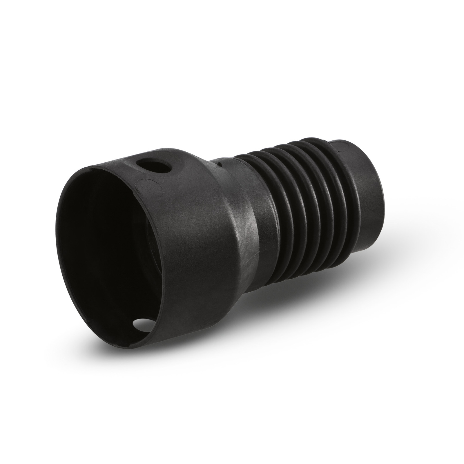 Black Kärcher hose adapter with ribbed design and circular opening, isolated on a white background.