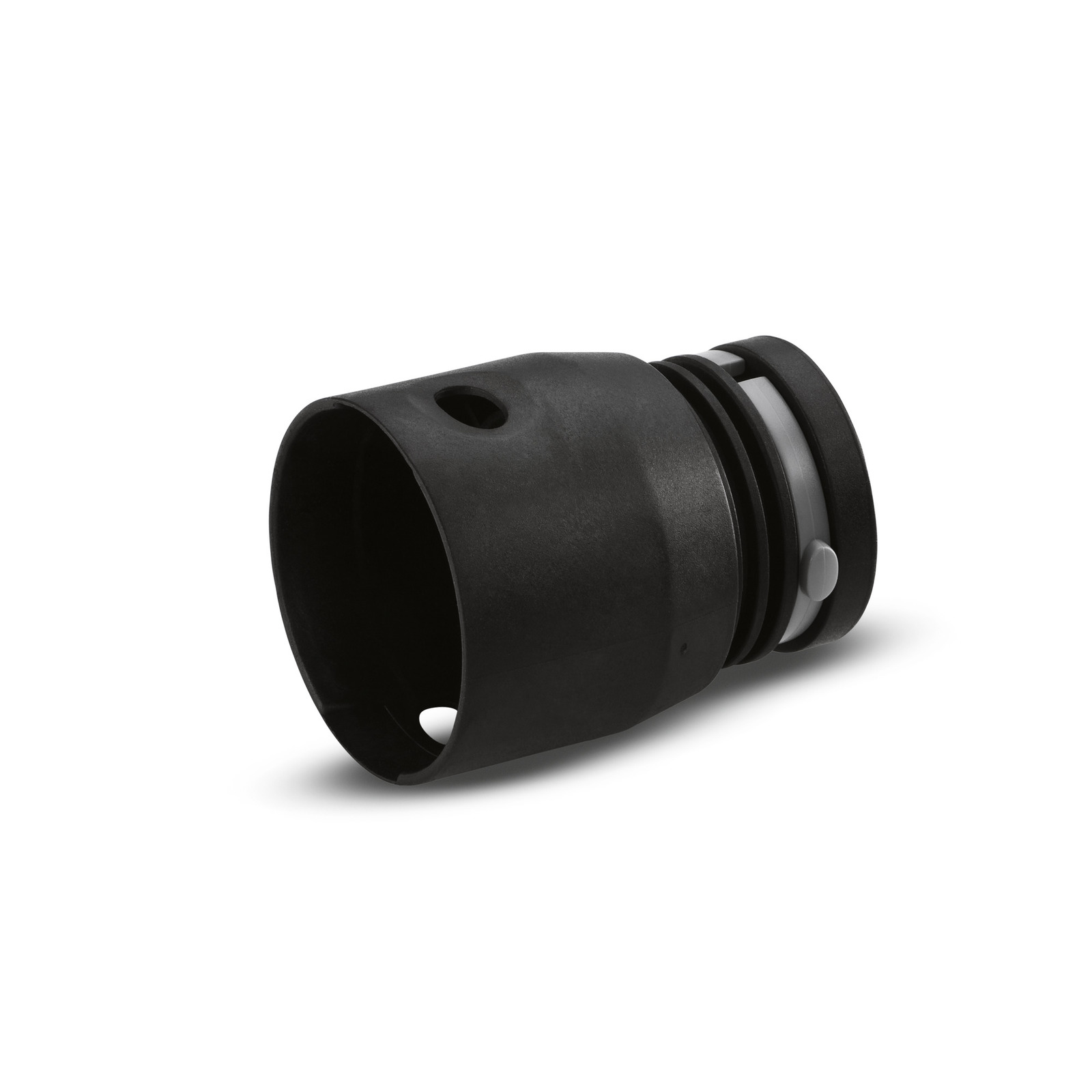 Black Kärcher hose connector with a cylindrical shape, featuring a hole and a grey button on one side.