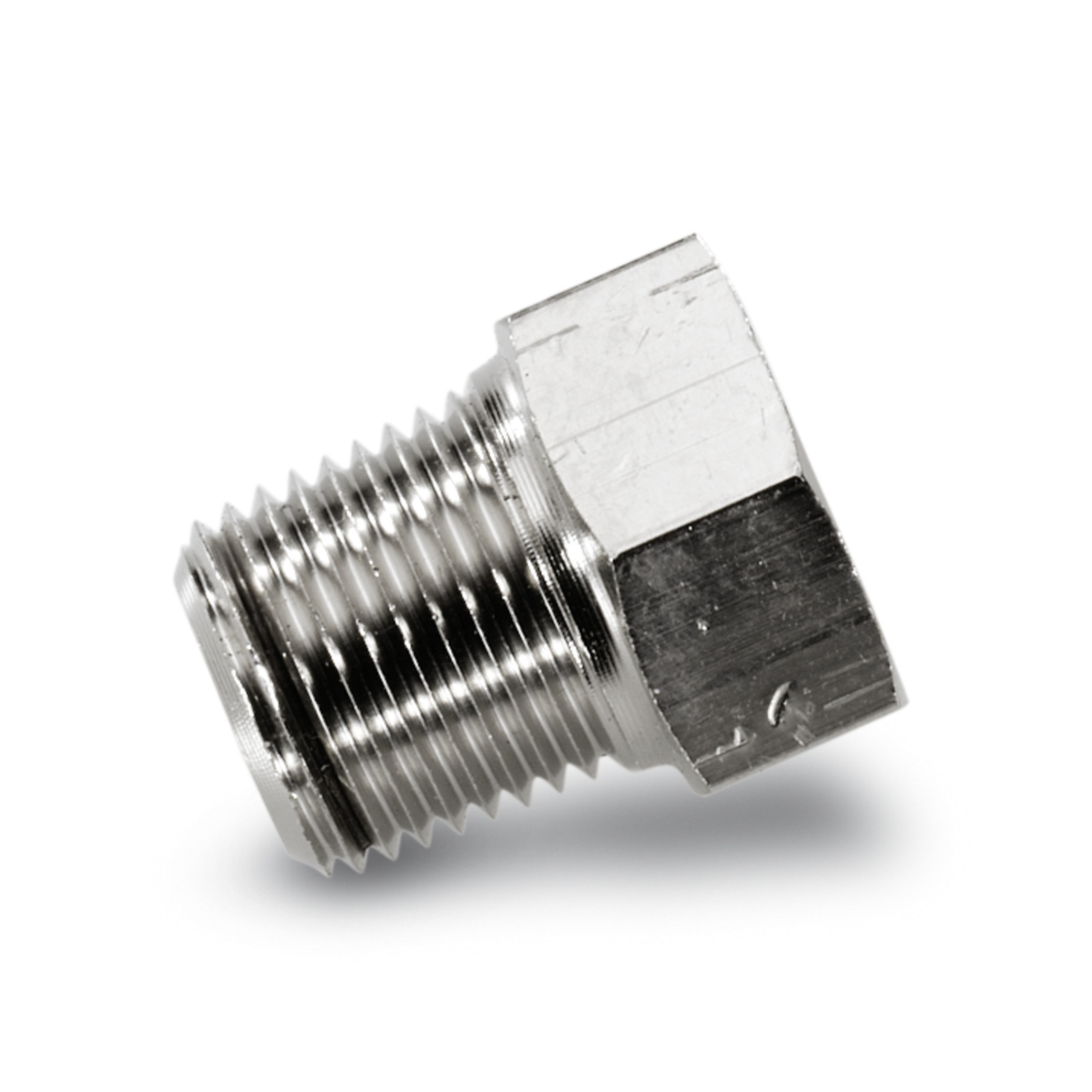 Silver metal threaded adapter with a hexagonal head, angled against a white background.