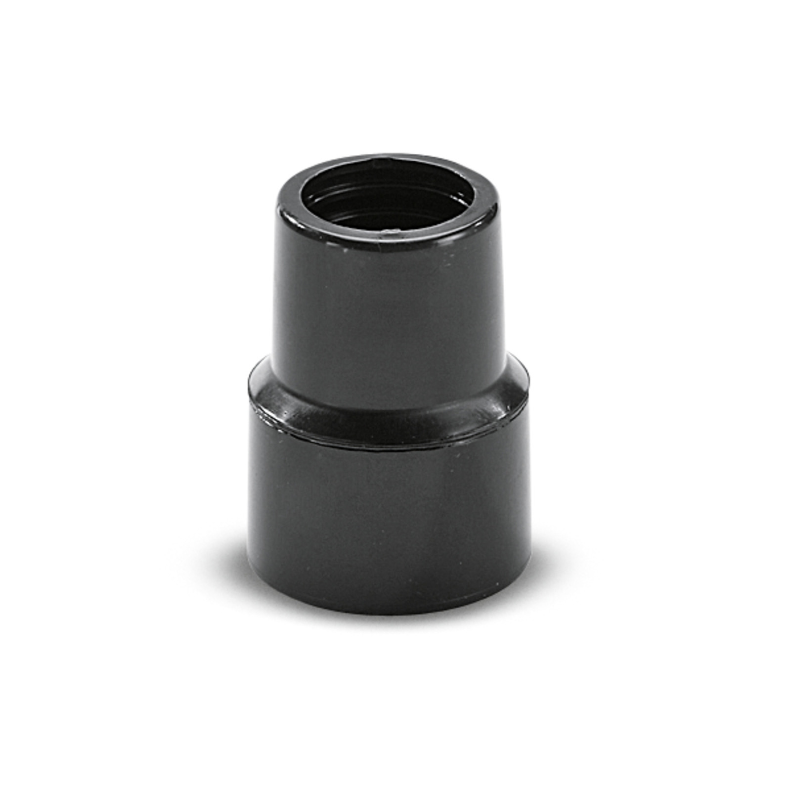 Black plastic adapter with a cylindrical shape, featuring a threaded opening at the top, isolated on a white background. Black plastic adapter with a cylindrical shape, featuring a threaded opening at the top, isolated on a white background.