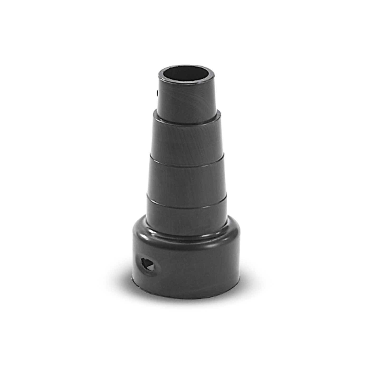 Black plastic adapter with a tapered design, featuring multiple sections stacked vertically.
