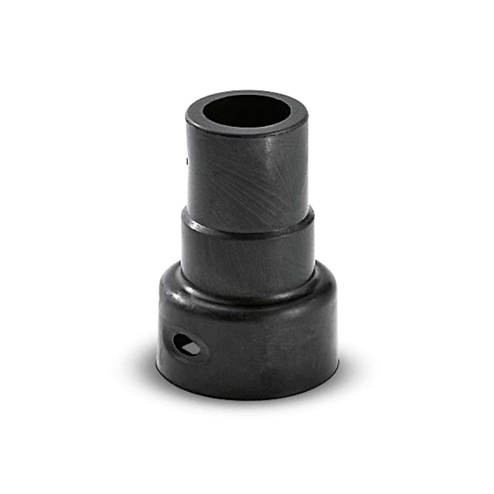 Black plastic adapter with a cylindrical shape, featuring a hole on the side, isolated on a white background. Black plastic adapter with a cylindrical shape, featuring a hole on the side, isolated on a white background.