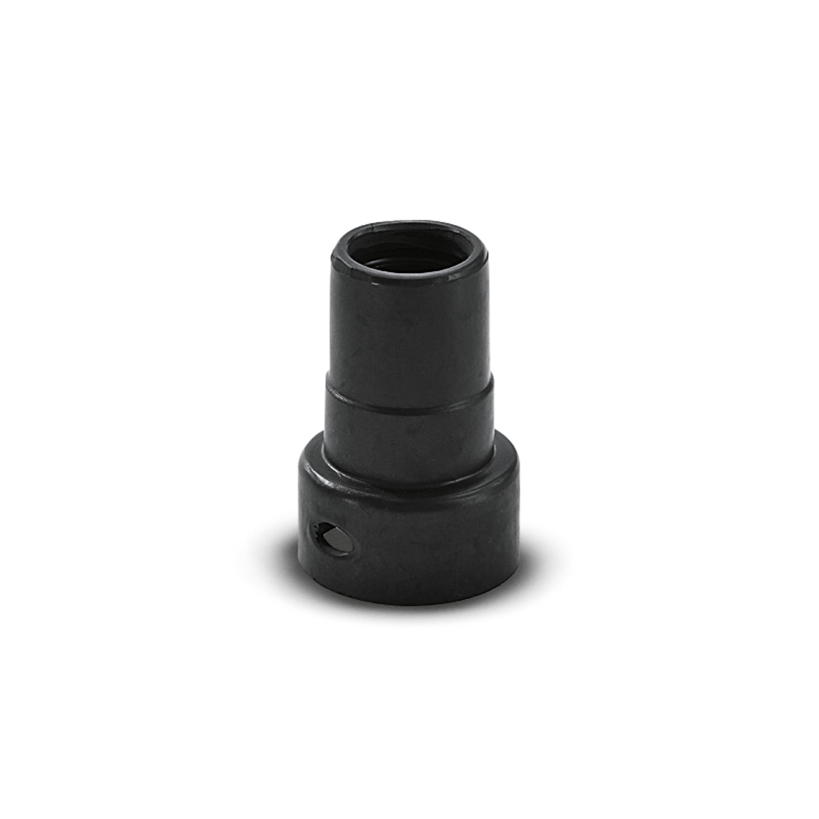 Black plastic adapter with cylindrical shape and a hole near the base, isolated on a white background.