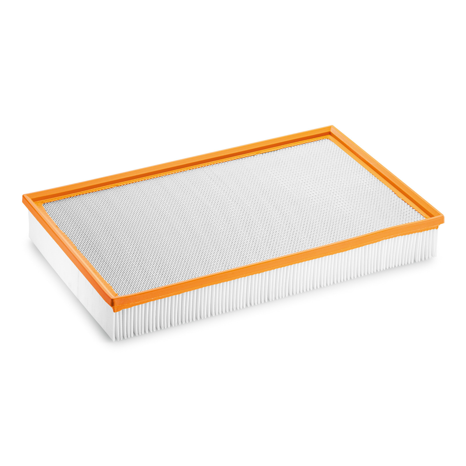 Rectangular air filter with orange frame and white pleated sides, set against a plain white background.