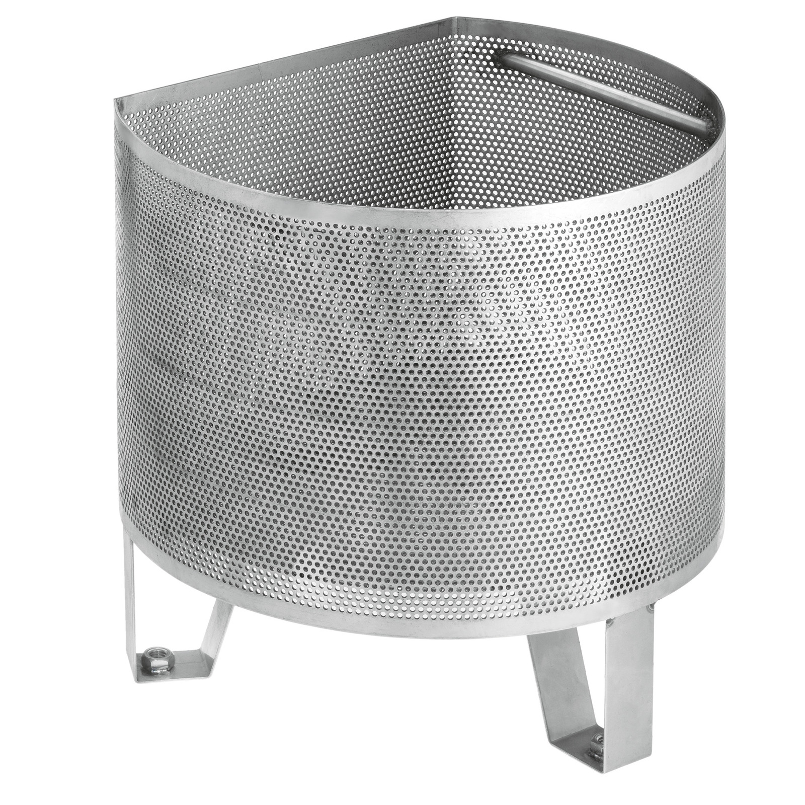 Metal mesh basket with a curved design, featuring perforated sides and a rectangular cutout, supported by two angled legs. Metal mesh basket with a curved design, featuring perforated sides and a rectangular cutout, supported by two angled legs.
