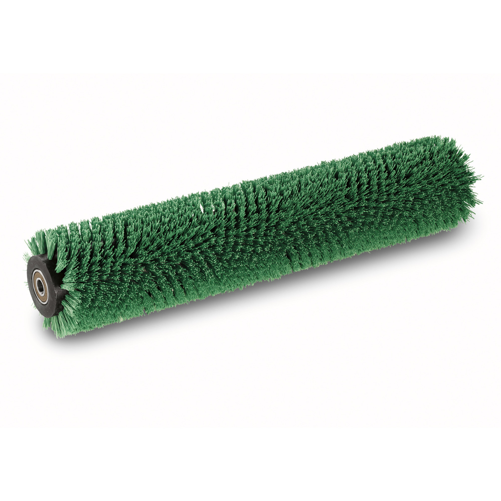 Green cylindrical brush with dense bristles and a black end cap, designed for cleaning applications. Green cylindrical brush with dense bristles and a black end cap, designed for cleaning applications.