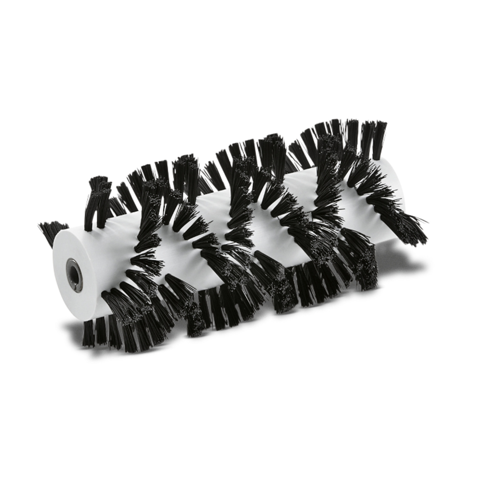 White cylindrical brush with black bristles arranged in a spiral pattern, isolated on a white background. White cylindrical brush with black bristles arranged in a spiral pattern, isolated on a white background.