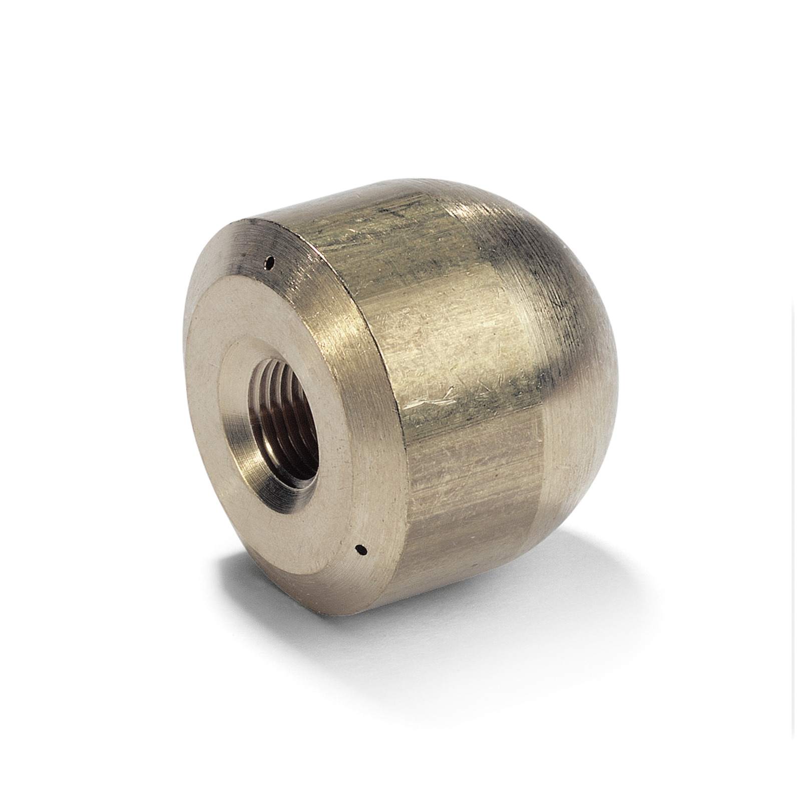 Brass nozzle with threaded interior, cylindrical shape, resting on a white surface.