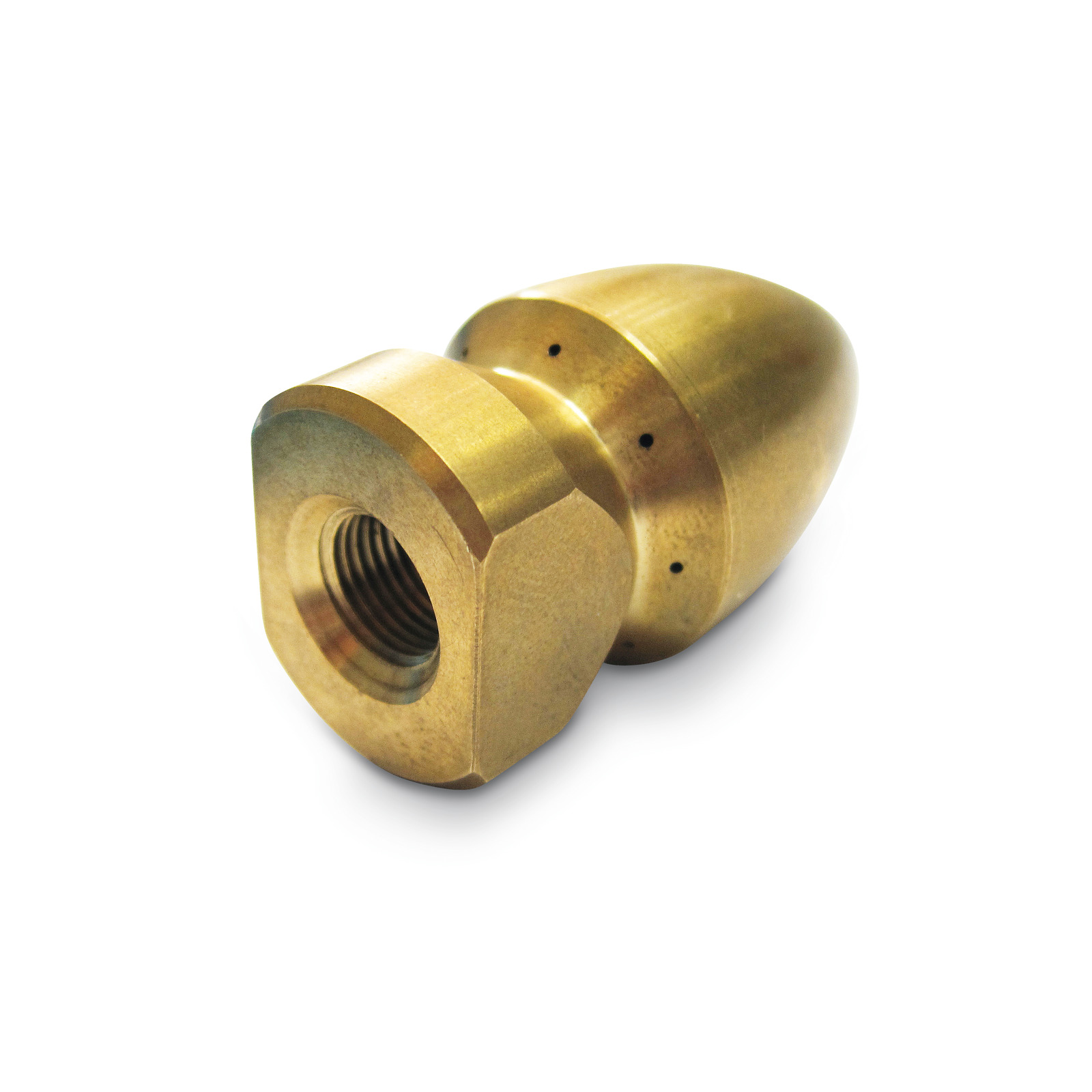 Brass nozzle with a hexagonal base and threaded interior, resting on a white surface.