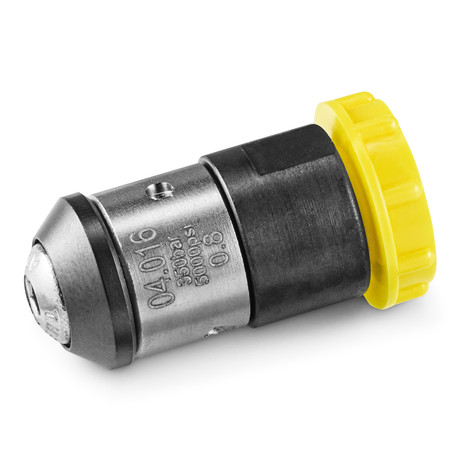 Kärcher high-pressure cleaner nozzle with a metallic body, black central section, and yellow screw-on cap, displayed against a white background. Kärcher high-pressure cleaner nozzle with a metallic body, black central section, and yellow screw-on cap, displayed against a white background.