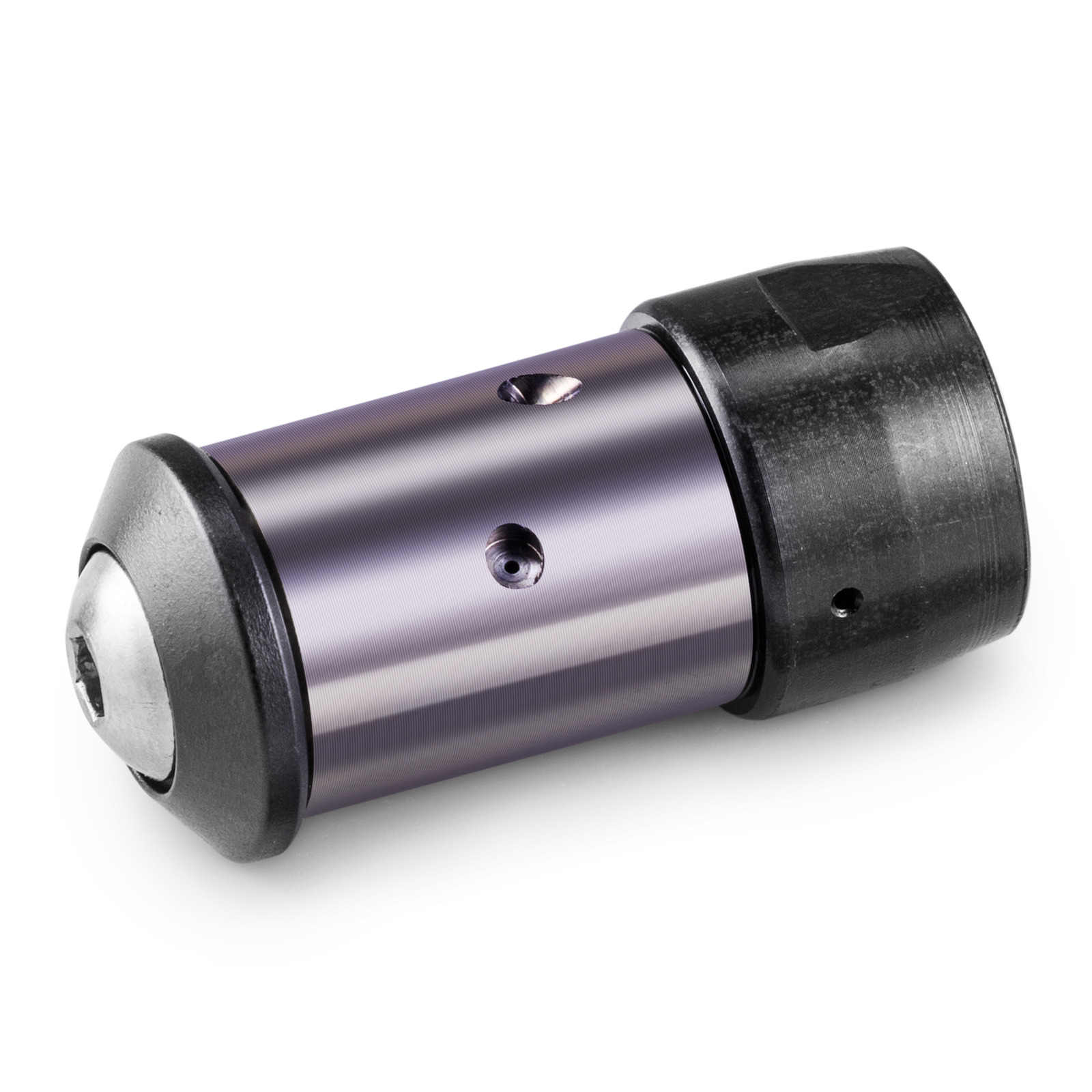 Cylindrical Kärcher pipe cleaning nozzle with a metallic finish and black plastic fittings, isolated against a white background. Cylindrical Kärcher pipe cleaning nozzle with a metallic finish and black plastic fittings, isolated against a white background.