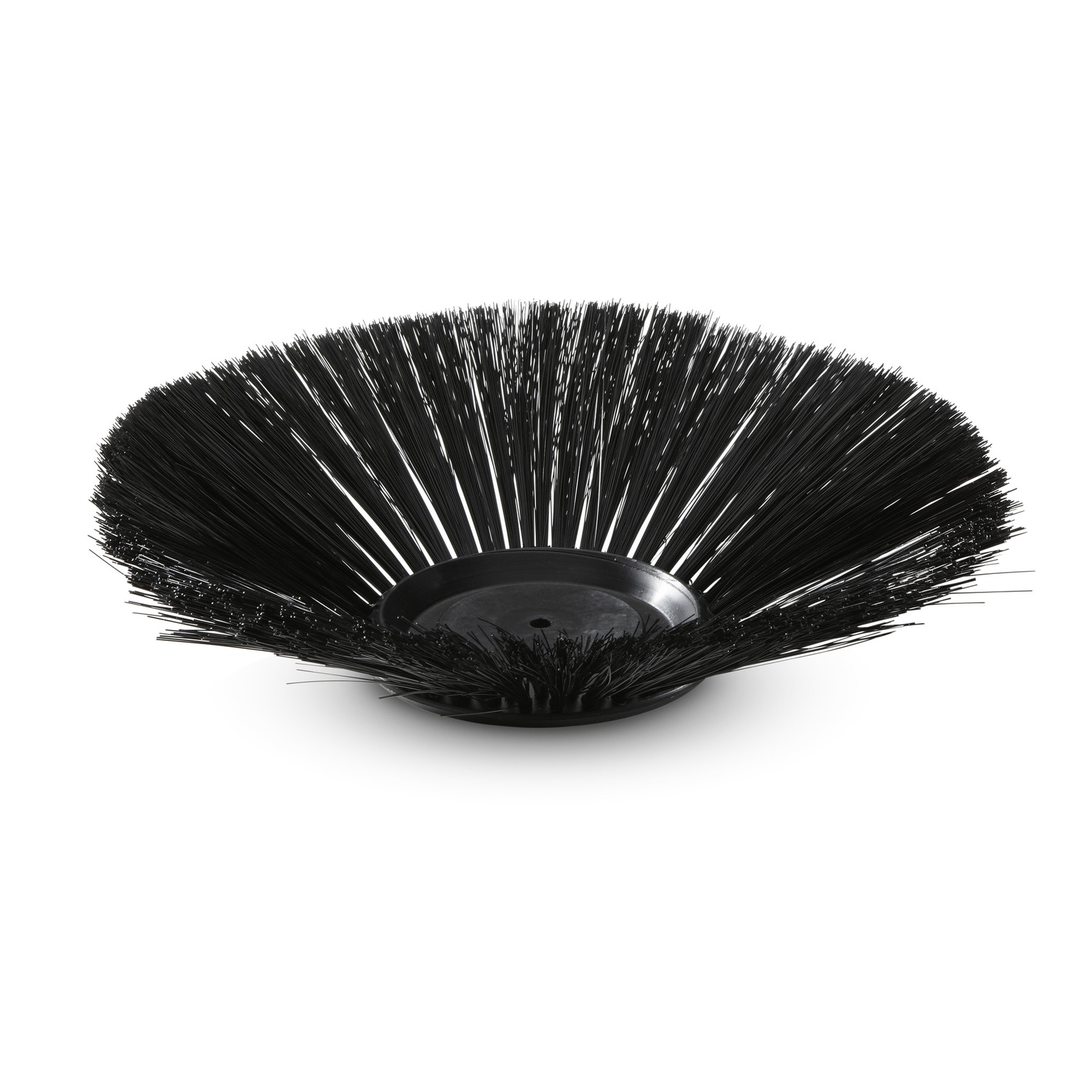 Black circular brush head with dense bristles, viewed from the side on a white background.