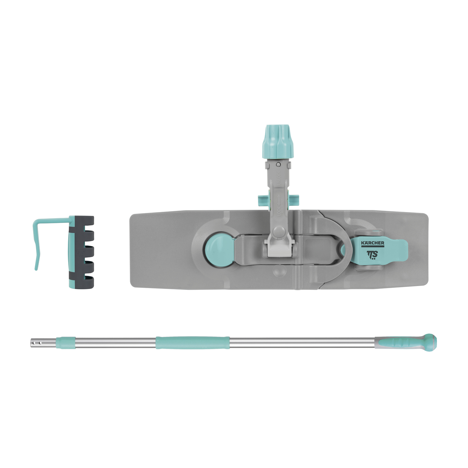 Kärcher mop head with turquoise accents, detachable handle, and wall mount bracket on white background. Kärcher mop head with turquoise accents, detachable handle, and wall mount bracket on white background.
