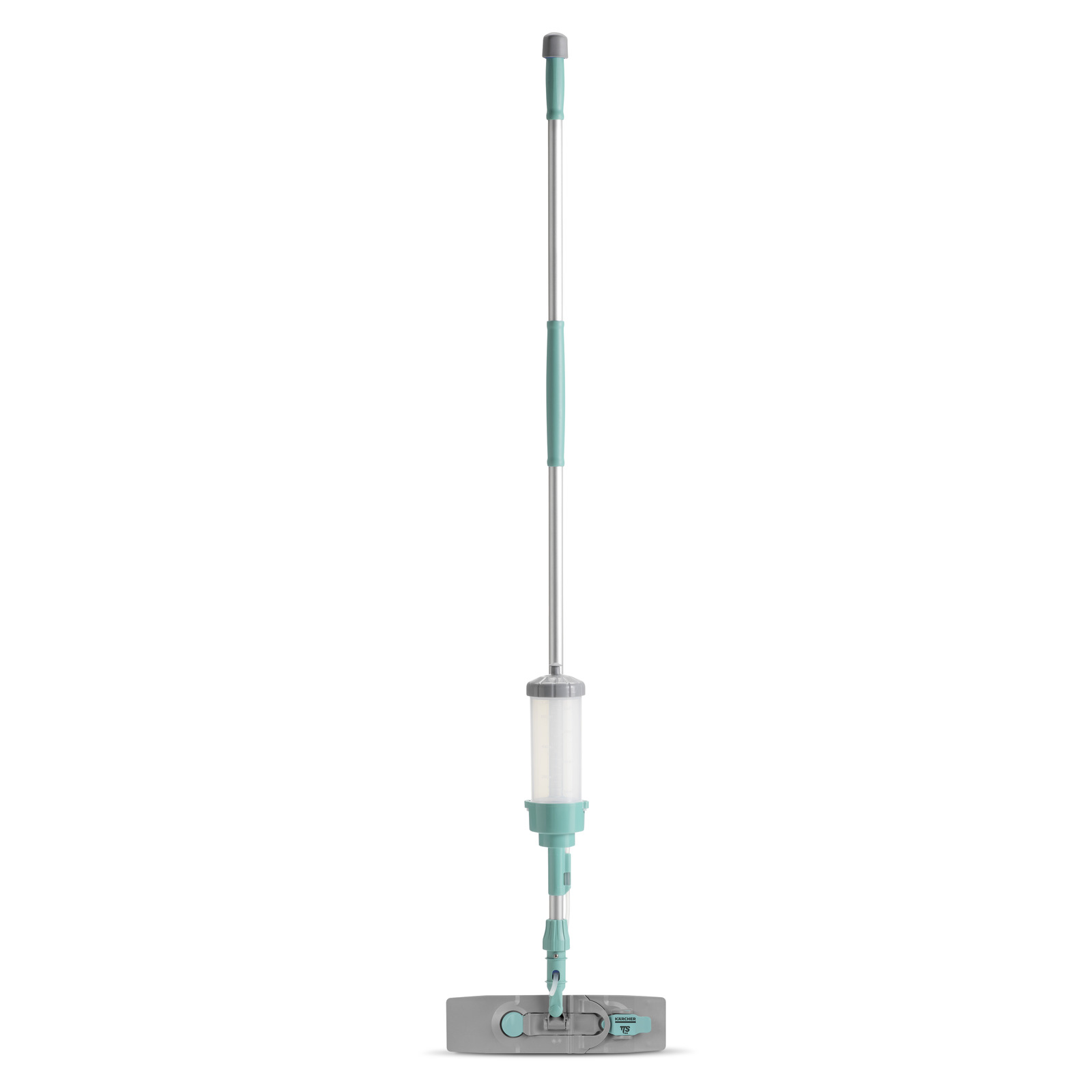 Teal and grey spray mop with a long handle and rectangular base, featuring a built-in spray mechanism.