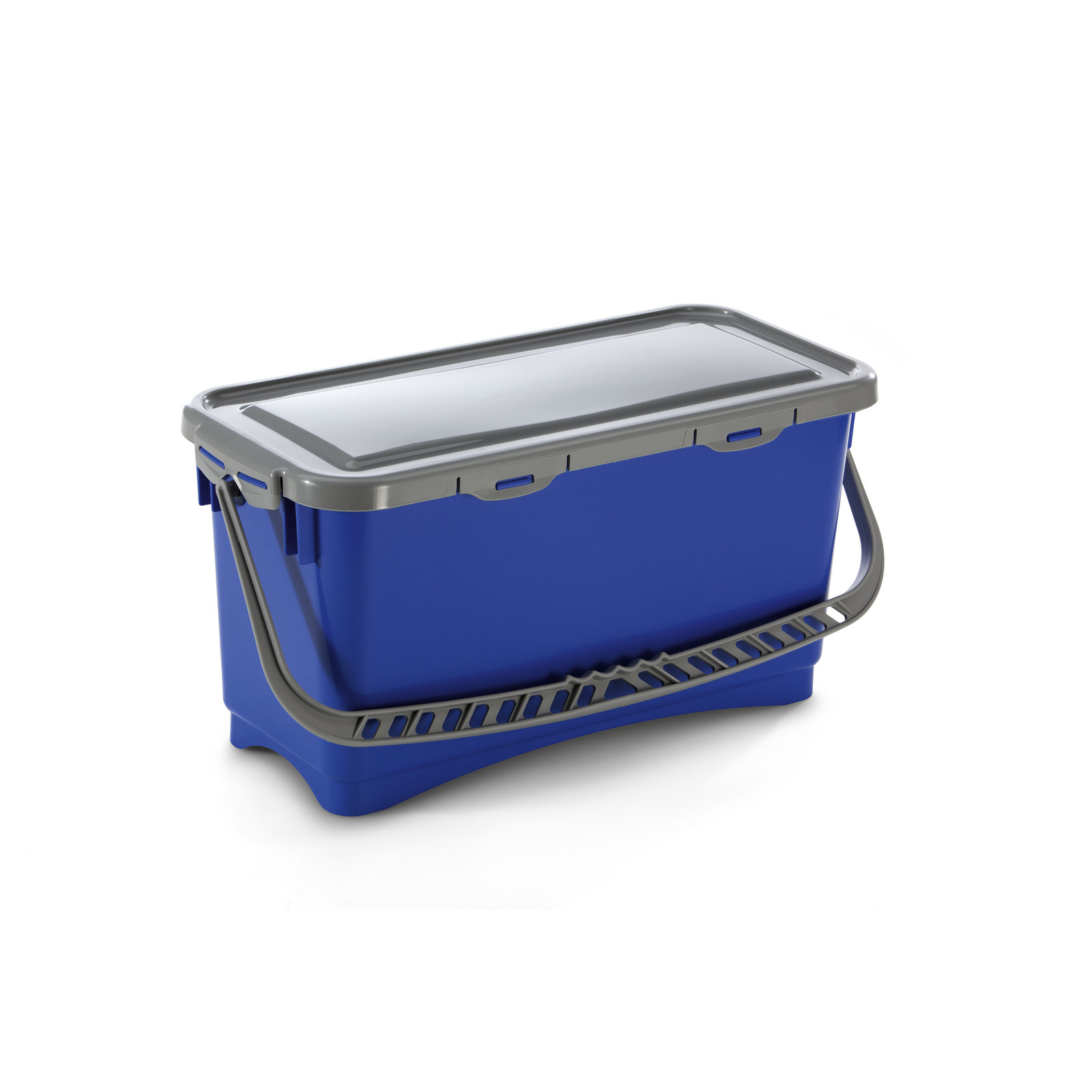 Blue rectangular bucket with a grey lid and handle, featuring a curved base design, placed on a white background. Blue rectangular bucket with a grey lid and handle, featuring a curved base design, placed on a white background.