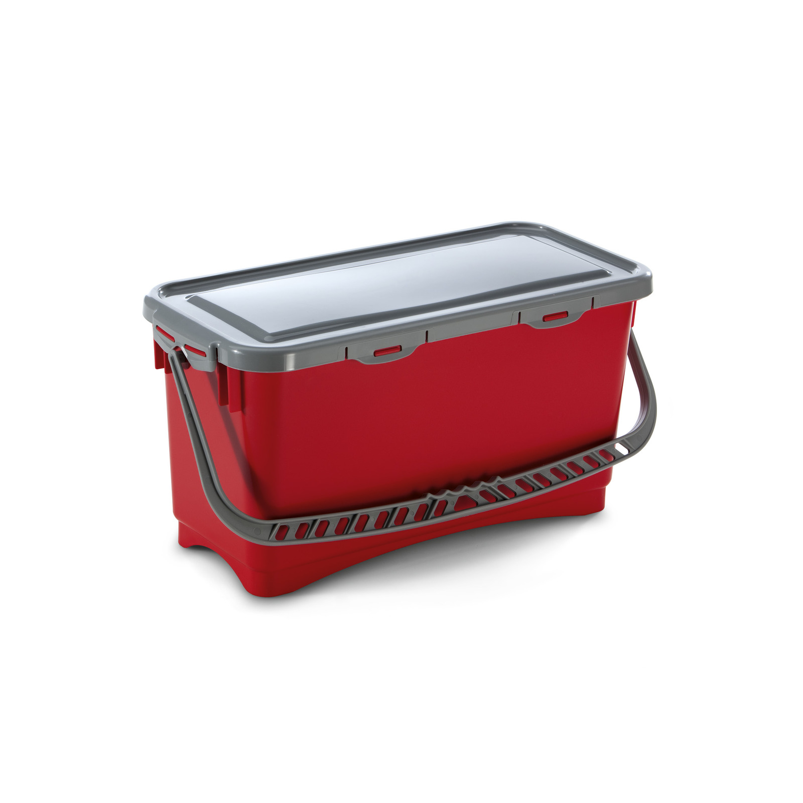 Red rectangular cleaning bucket with a grey lid and handle, set against a white background. Red rectangular cleaning bucket with a grey lid and handle, set against a white background.