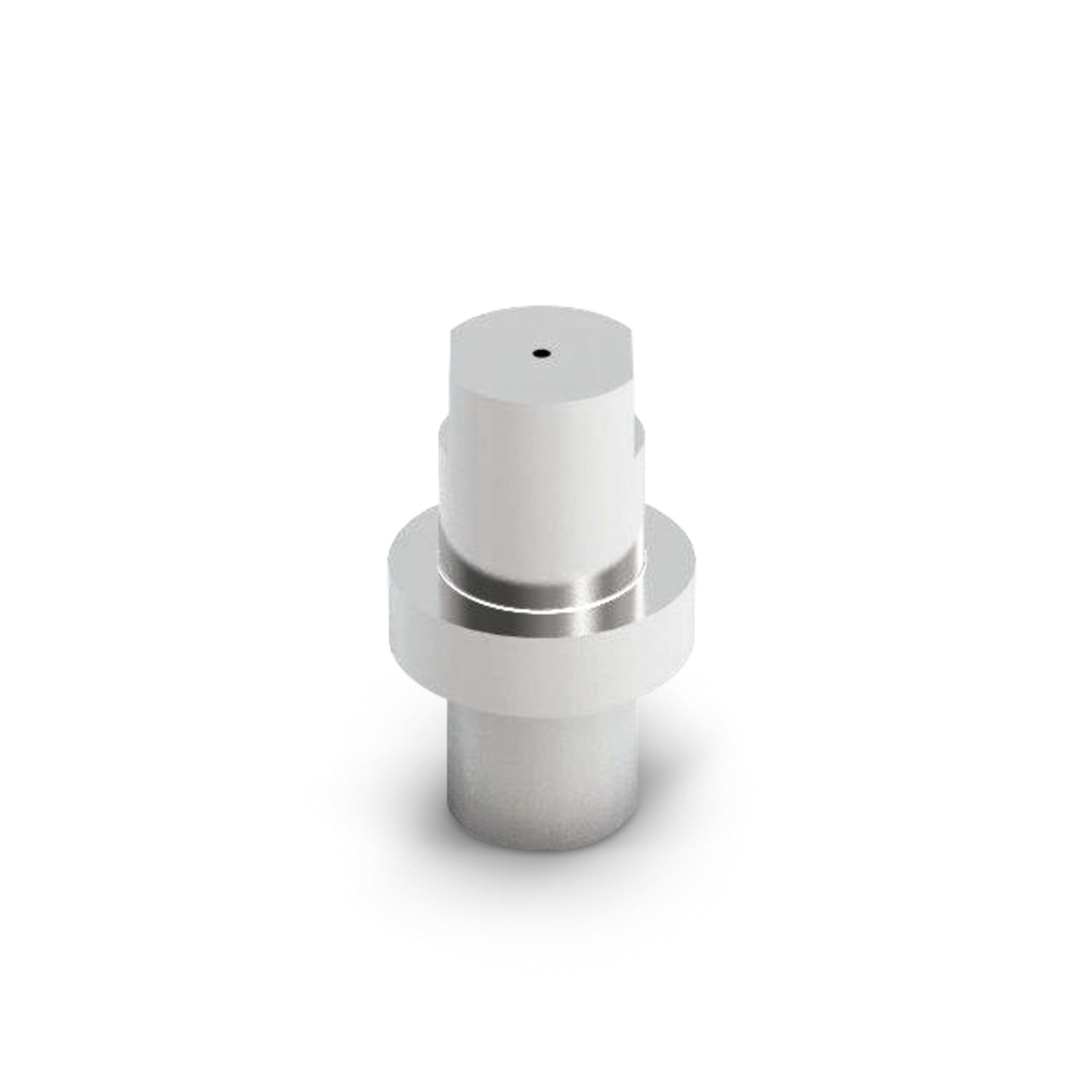 Small metallic cylindrical component with a central hole, featuring a stepped design and a smooth finish.