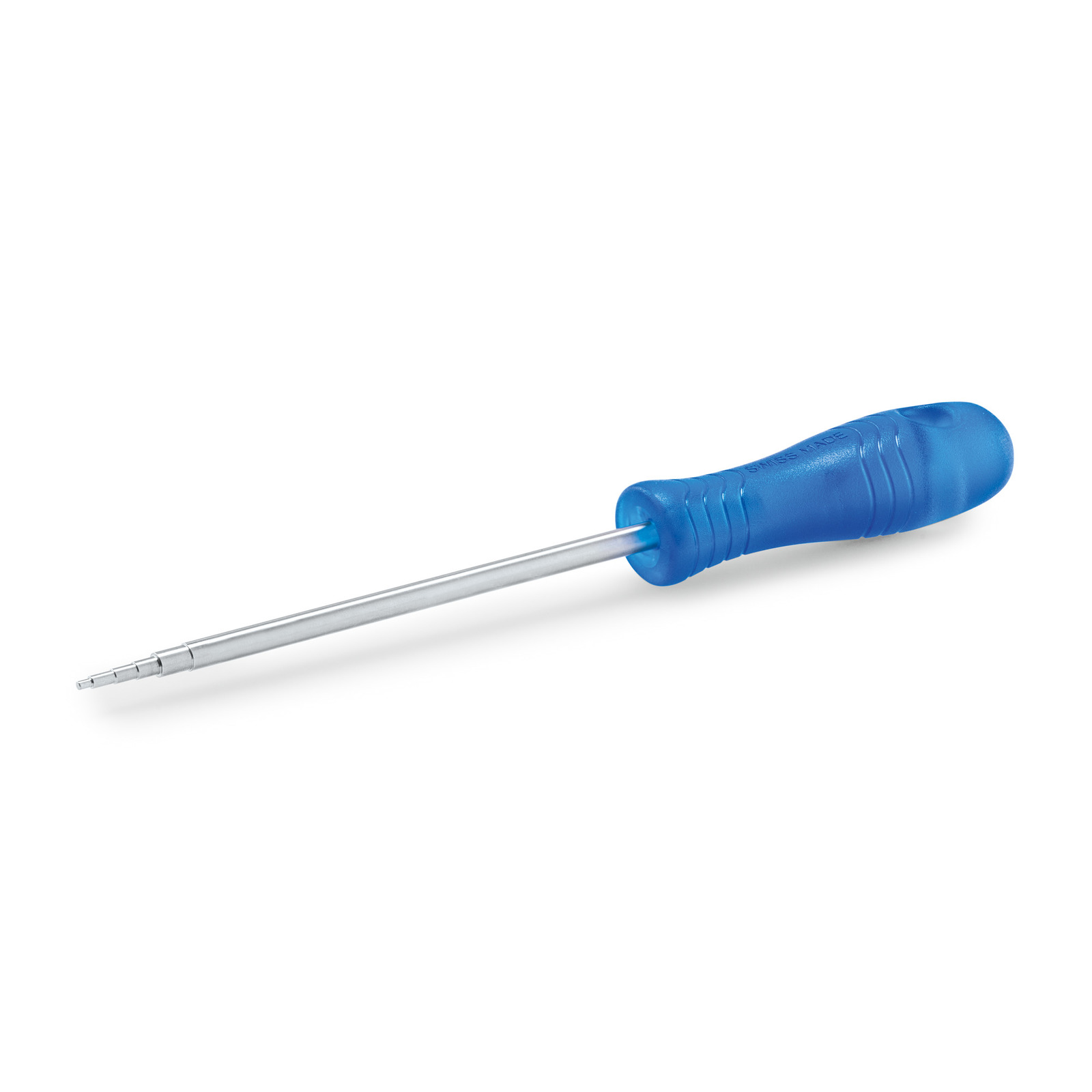 Blue-handled Swiss-made screwdriver with a silver shaft, isolated on a white background. Blue-handled Swiss-made screwdriver with a silver shaft, isolated on a white background.