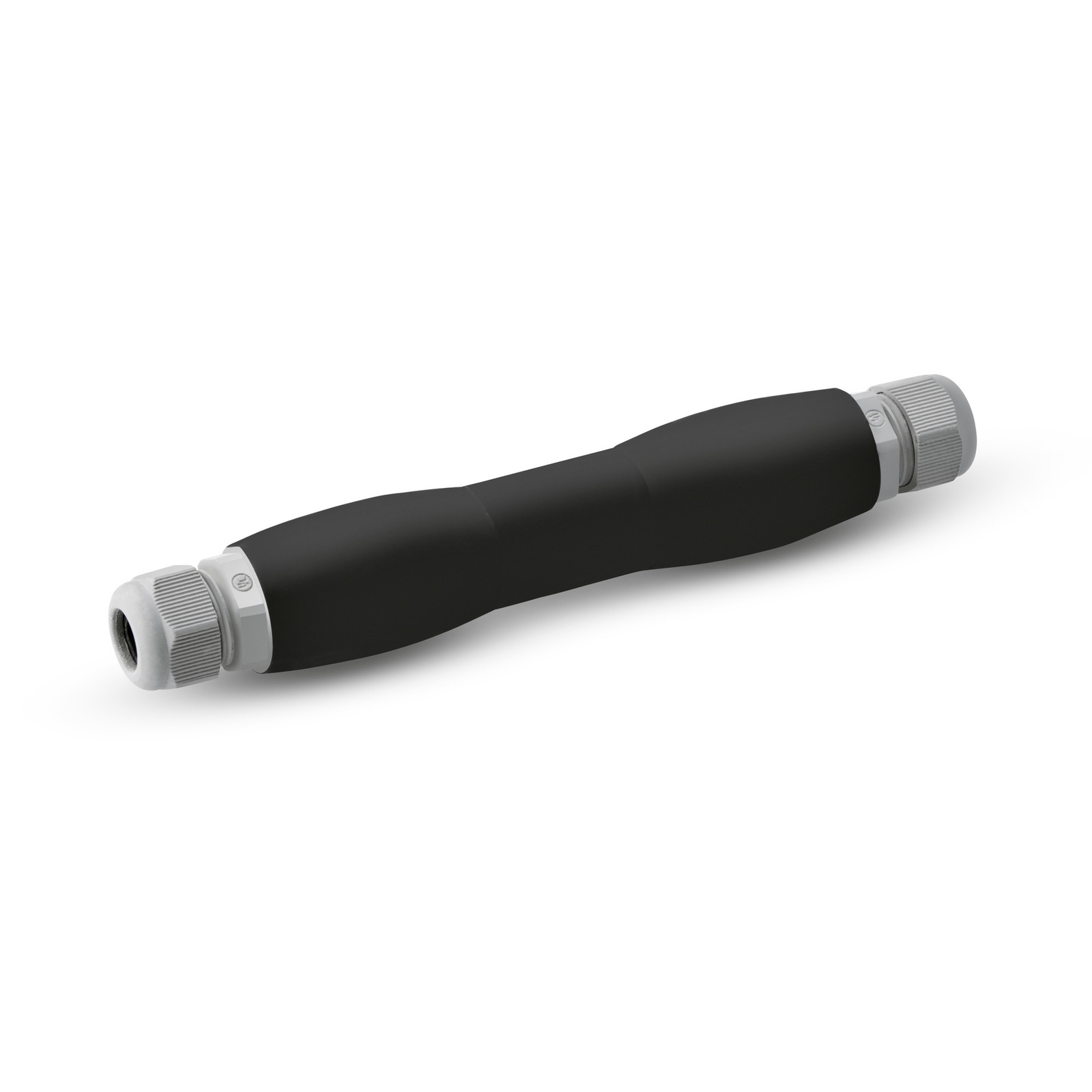 Black Kärcher hose connector with grey end caps, isolated on a white background.
