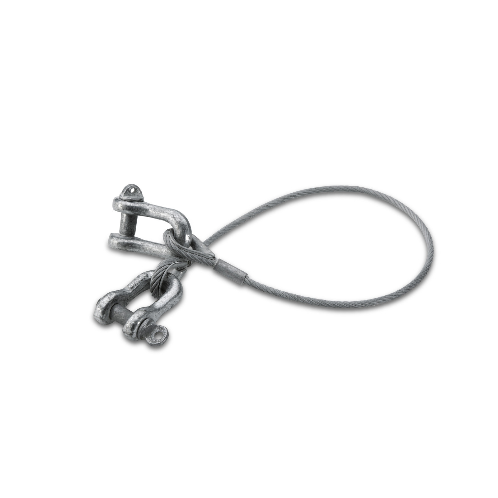 Steel cable loop with two metal shackles attached, isolated on a white background. Steel cable loop with two metal shackles attached, isolated on a white background.